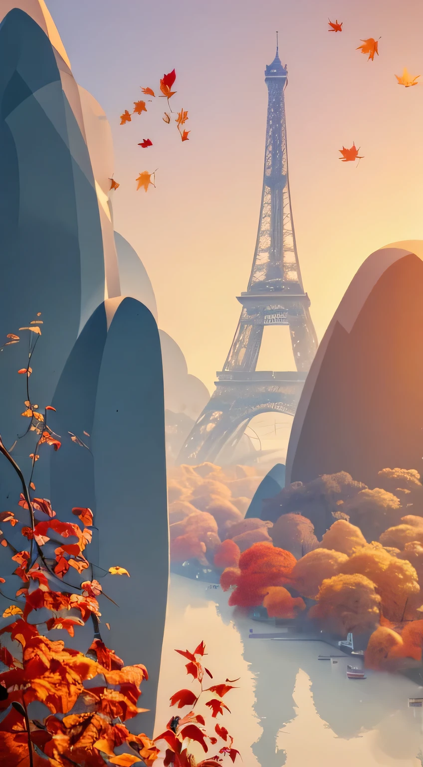 (Paris landscape), (Zen, Amy Sol style), (Autumn, autumn leaves, fallen leaves, sunset, architecture), cover art with light abstraction, abstract, vector art, contemporary Chinese art, color gradients, soft color palettes, layered forms, whimsical animation, style Ethereal abstract, 4K