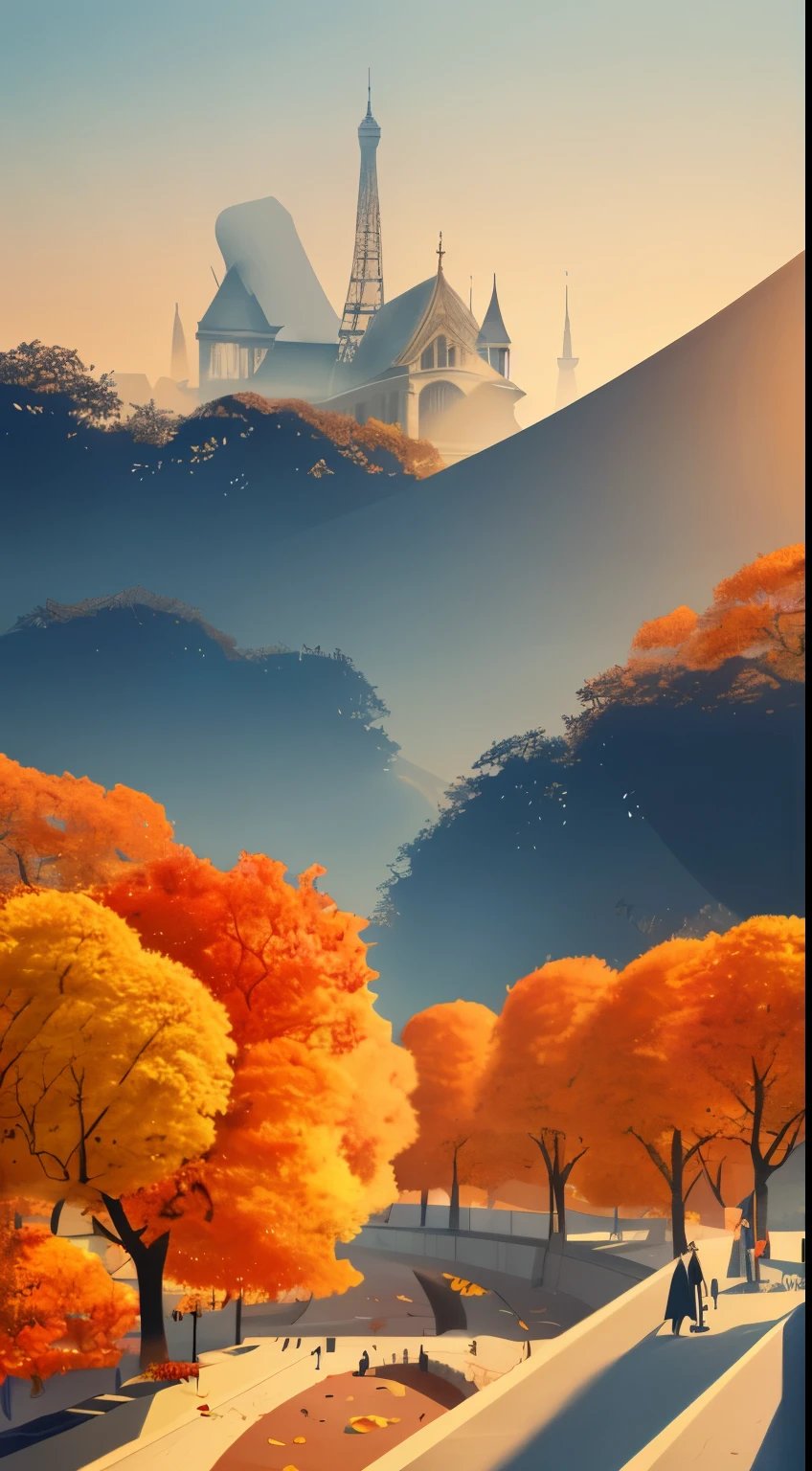 (Paris landscape), (Zen, Amy Sol style), (Autumn, autumn leaves, fallen leaves, sunset, architecture), cover art with light abstraction, abstract, vector art, contemporary Chinese art, color gradients, soft color palettes, layered forms, whimsical animation, style Ethereal abstract, 4K