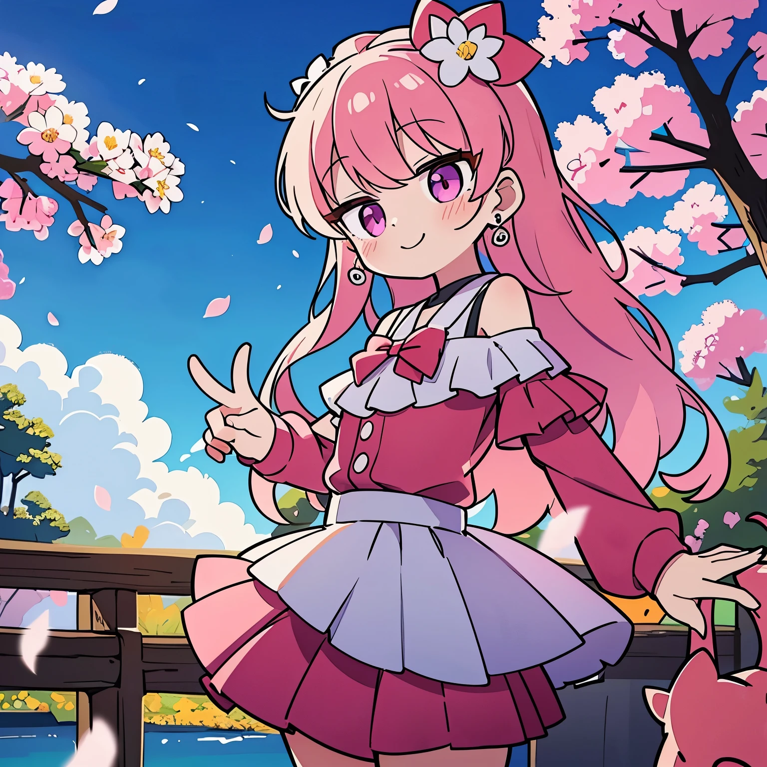 art by Cornflower, fantastic, cherry_开flower, Fall_flower瓣, flower瓣, branch, pink_flower, 1 girl,20 years old, blue_Sky, spring_(seasexist), flower瓣_exist_liquid, flower, flower见, skirt, (Lexistg blexistd curly hair:1.5),Wearing a wreexisth,Sky, outdoor, cloud, Bangs, Smile, pink_Eye, White skirt with cherry blossom embellishments, only_Shoulder, earrings, Keep_flower, wind, Tree, watching_exist_audience,cowboy shooting,