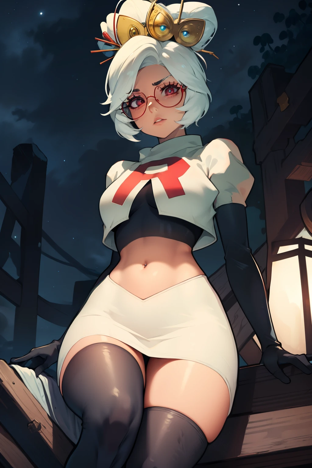 purah, white hair ,aura red glasses, hair ornament, glossy lips ,team rocket uniform, red letter R, white skirt,white crop top,black thigh-high boots, black elbow gloves, sinister villianess look, looking down on viewer, sitting ,crossed legged, night sky background