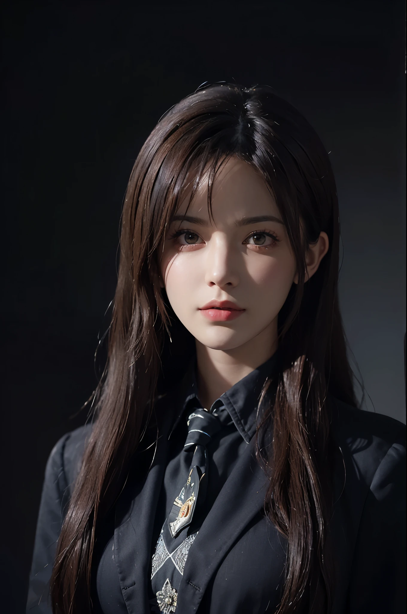(front pin), (in the dark:1.6), Hyperrealist portrait of a woman by David Hockney and Alphonse Mucha, fantasy art, photo-realistic, dynamic lighting, art station, poster, volume lighting, highly detailed face, 4k, Awards, 1 girl, in the dark, deep shadow, discreet key, cowboy shot, (official attire:1.4), long hair, gray hair