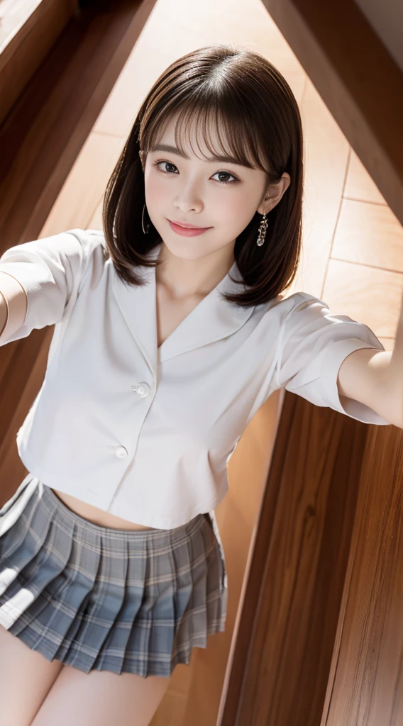 ((1 female、full body shot、take pictures of everything about her、perfect anatomy))、(Low - Angle:1.8)、(Look up at her from below)、black eye、korean school uniform、summer school uniform shirt、ribbon tie、plaid mini skirt、light brown hair、stairs at school、stairs at schoolをかけ下りる、chest-up pose、Pose to show off your breasts、8k raw photo、High resolution、16-year-old cool Korean、very round chest、beautiful eyes、drawn in detail、long eyelashes beautiful double eyelids、eye shadow、eyeliner、narrow eyes、elongated eye shape、Three white eyes、evil smile、evil look、Beautiful and very thin legal and very thin thighs,、random short medium hair、tie hair at the back of the head、earrings、((Stretch one leg forward))、White school sock crown loafers