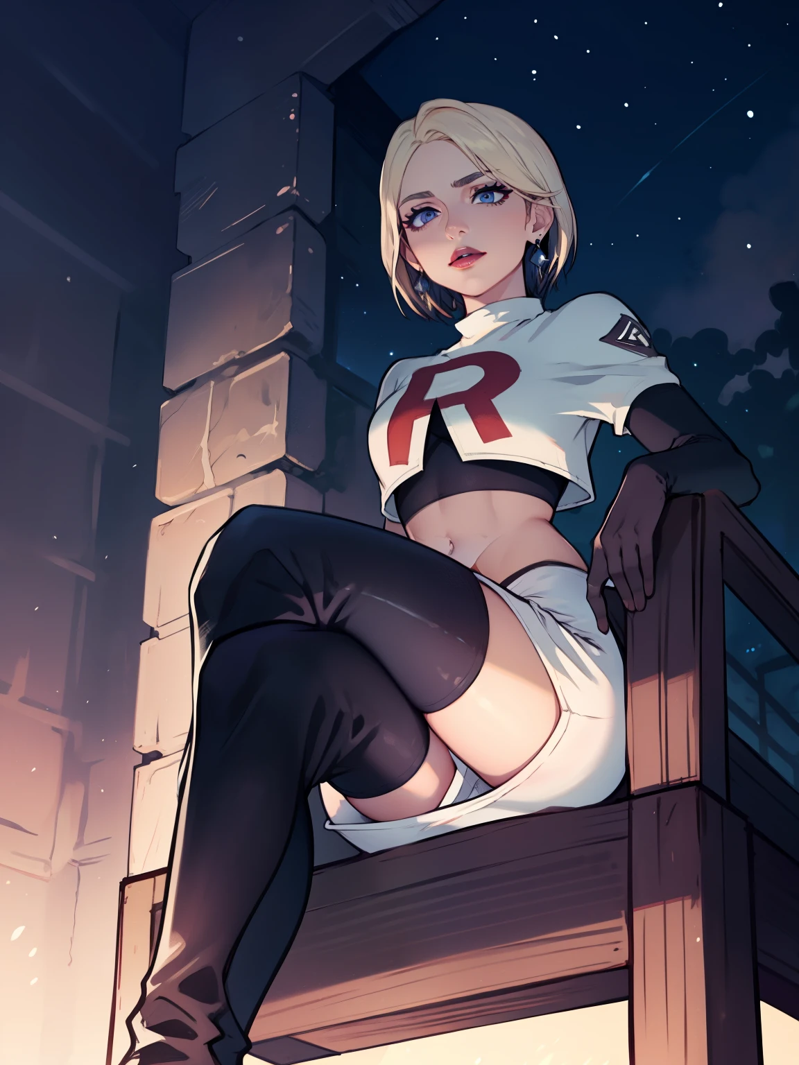 warMercedes, short hair, earrings ,lipstick, eye shadow ,team rocket uniform, red letter R, white skirt,white crop top,black thigh-high boots, black elbow gloves, evil villianess look, looking down on viewer, sitting ,crossed legged, night sky background