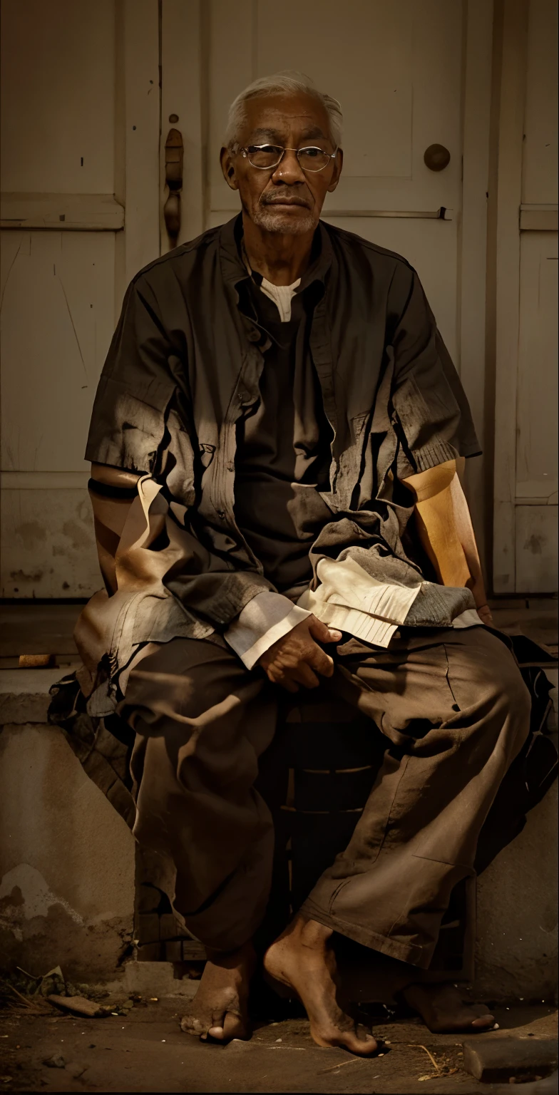 Light skin tone sitting old man in loose black and white strip shirt, brown pant, village asthetics, prominent hands kept on knees 