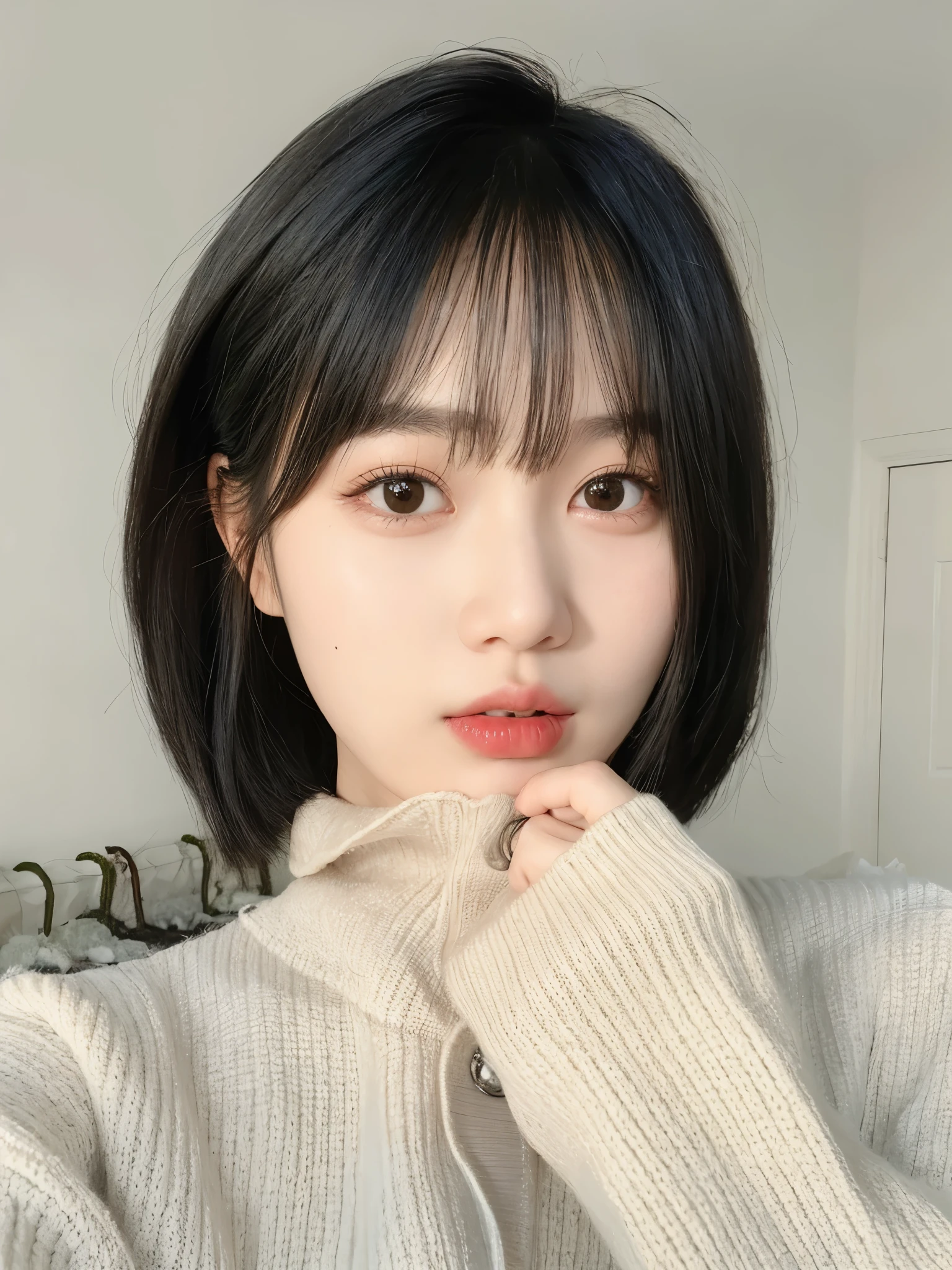 黑色short hair和毛衣的菲德亚洲女人, short hair, Urzan, 🤤 girl portrait, short hair with bangs, 年轻cute korean face, she has black hair，Have bangs, korean girl, kawaii realistic portrait, girl cute and delicate face, Hair with bangs, cute korean face, 8K))