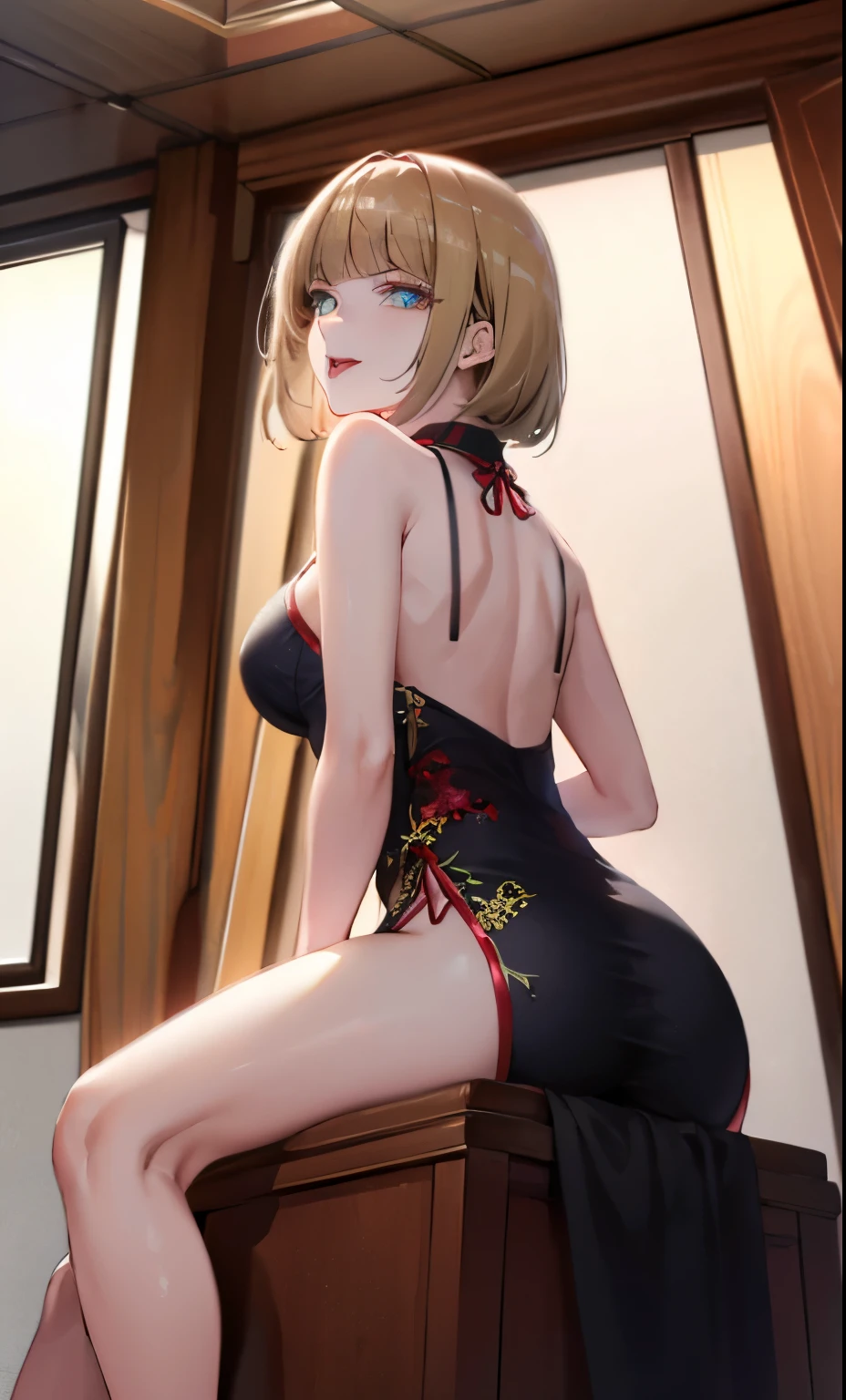 mine same as the original, mine, , (:1.2)
rest, (cheongsam), (view from below), (Put your arms behind your back), (wild lift), thin dress, Crotch cutout,
rest looking at viewer,
rest, Home,
rest (masterpiece:1.2), best quality, high resolution, unified 8k wallpaper, (illustration:0.8), (Beautiful and delicate eyes:1.6), extremely detailed face, perfect lighting, Very detailed cg, (perfect hands, perfect anatomy),soles of feet,sitting,blond,red lips,stick out your tongue,saliva,love