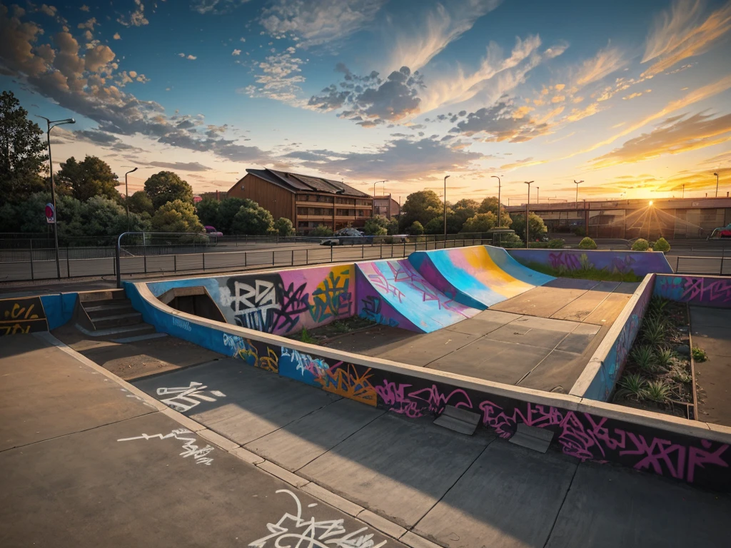 skateparks, (realistic), add vibrant graffiti to railing obstacles, clear skies, composition, sunset, (hdr:1.5), intricate details, seamlessly integrates ramps rails bowls and flat ground areas with extremally vibrant and beautiful graffiti