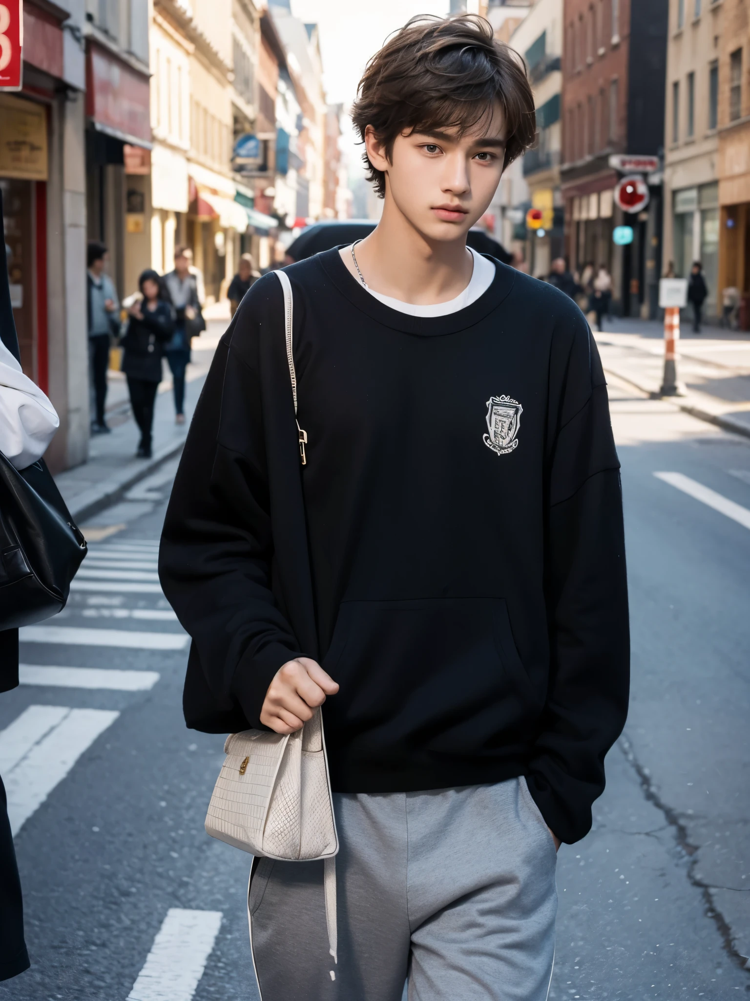 boy, 17 y.o, handsome, semi-caucasian face, comma hair, street