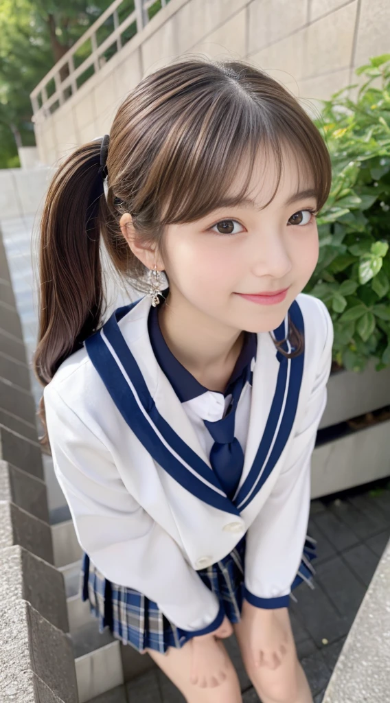 ((1 female、full body shot、take pictures of everything about her、perfect anatomy))、(Low - Angle:1.8)、(high socks)、black eye、korean school uniform、summer school uniform shirt、ribbon tie、plaid mini skirt、light brown hair、stairs at school、stairs at schoolをかけ下りる、chest-up pose、Pose to show off your breasts、8k raw photo、High resolution、-yeld coKorean、very round chest、beautiful eyes、drawn in detail、long eyelashes beautiful double eyelids、eye shadow、eyeliner、narrow eyes、elongated eye shape、Three white eyes、evil smile、evil look、Beautiful and very thin legal and very thin thighs,、random short medium hair、tie hair at the back of the head、earrings、((Stretch one leg forward))、White school sock crown loafers