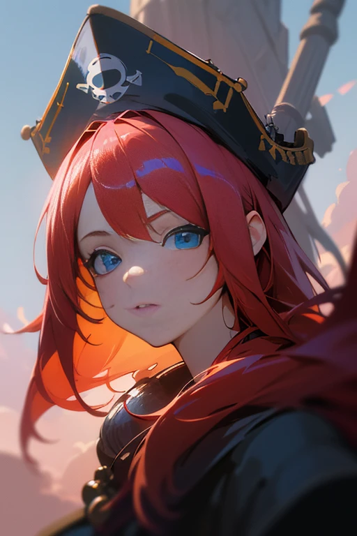 anime, (((portrait of daw))), a woman, (((a red hair))), (((blue eyes))), (((female pirate)), 8k, unreal engine, octane render, by kyun, gamang, Yoon Gon-Ji, g.ho, gosonjak, shuroop, serious, domi, noah, trending on pixiv, fanbox, skeb, masterpiece, smooth soft skin, big dreamy eyes, beautiful intricate colored hair, symmetrical, anime wide eyes, soft lighting, concept art, digital painting,  tropical island