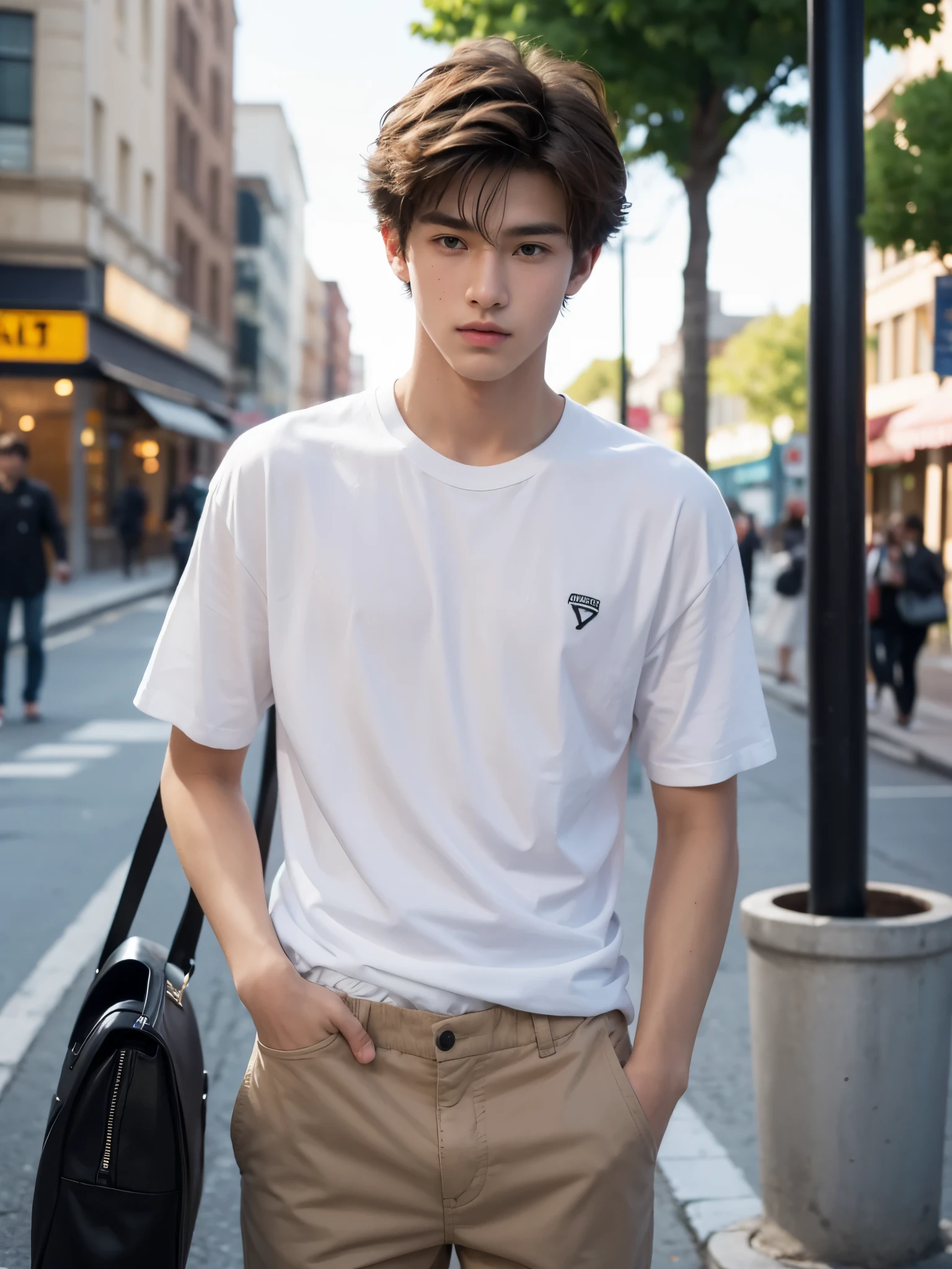 boy,  y.o, handsome, semi-caucasian face, comma hair, street