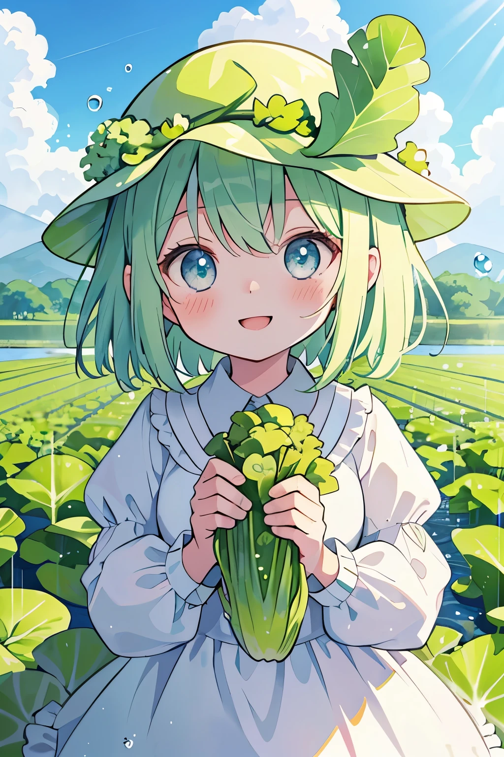 (lettuce field),(lettuce-shaped hat on the head:1.2),(lettuce fairy:1.2),blush,Chibi,cute,girl,happy look,(Clear sky without a single cloud:1.3),(lots of large water droplets:1.1),
