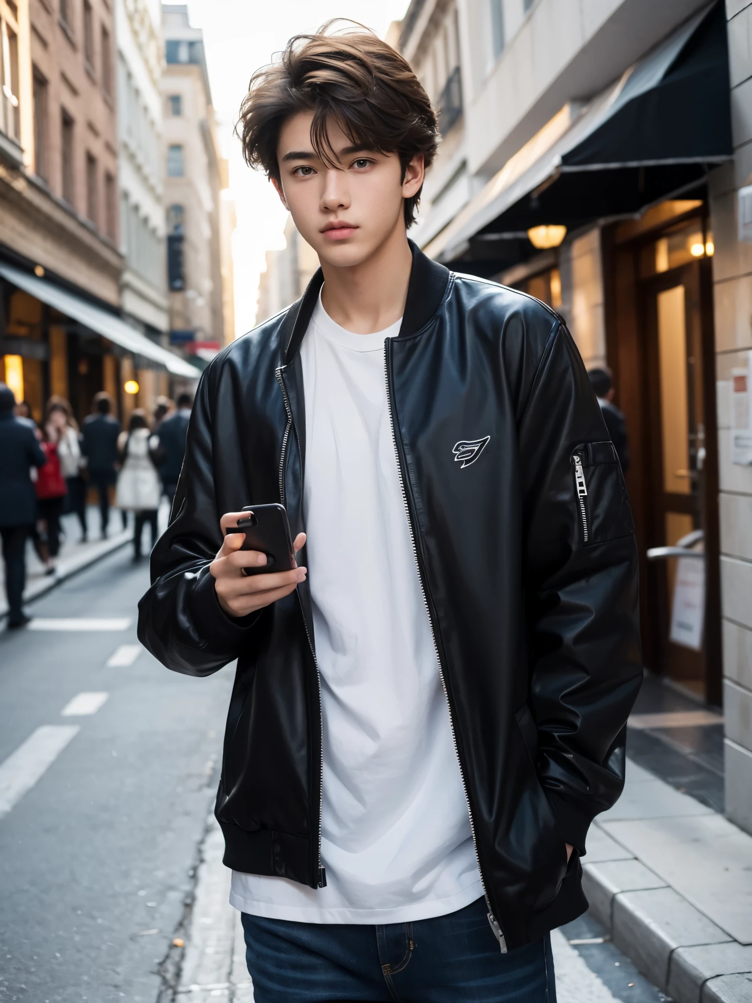 boy, 17 y.o, handsome, semi-caucasian face, comma hair, street