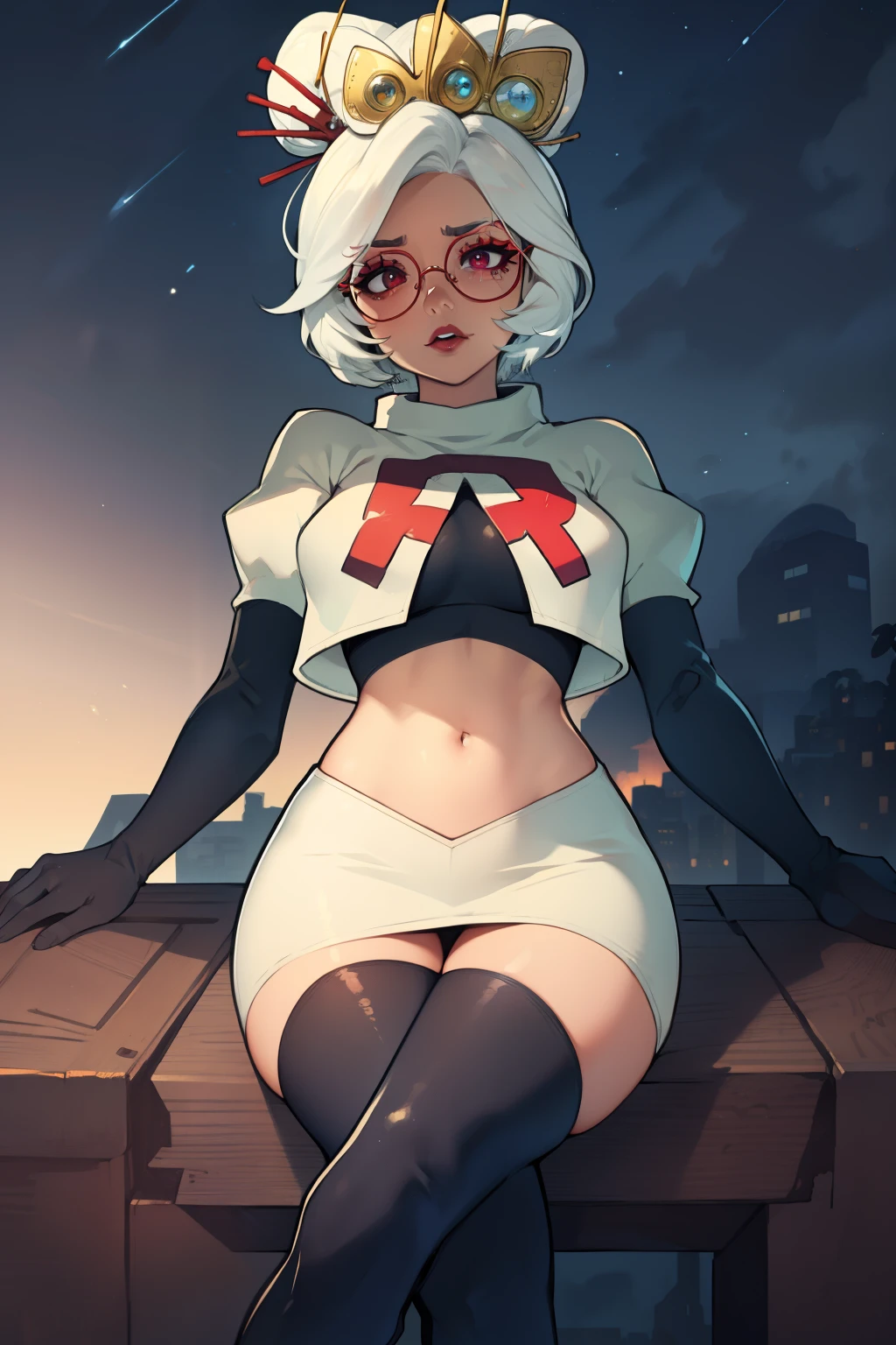 purah, white hair ,aura red glasses, hair ornament, earrings ,lipstick, eye shadow ,team rocket uniform, red letter R, white skirt,white crop top,black thigh-high boots, black elbow gloves, evil villianess look, looking down on viewer, sitting ,crossed legged, night sky background