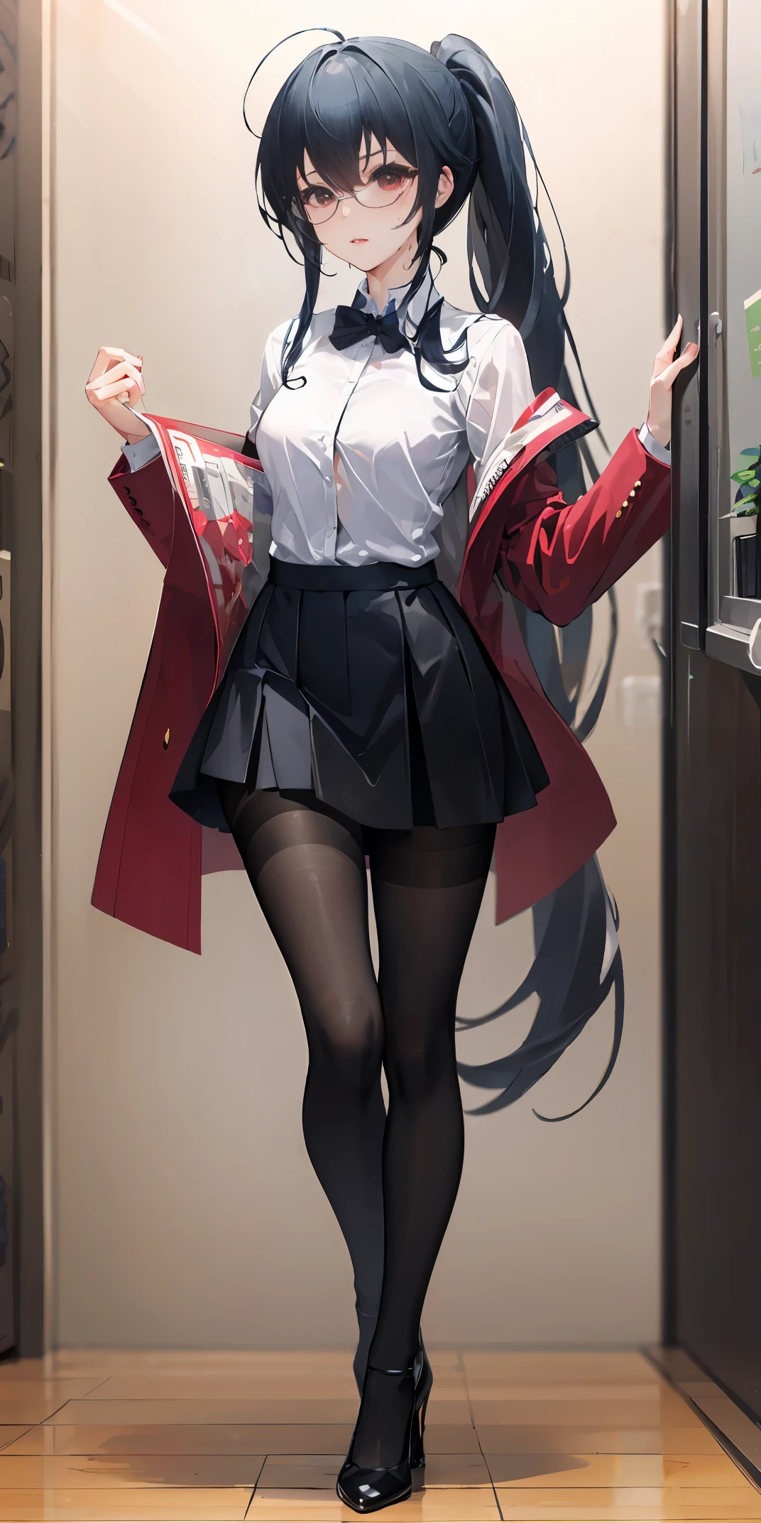 Full body photo of secretary in miniskirt with seams, stand fully, ((独自of)), , in office, High heel, eager, sweating, 高of, , Very thin, 又细又长of腿, of, high ponytail