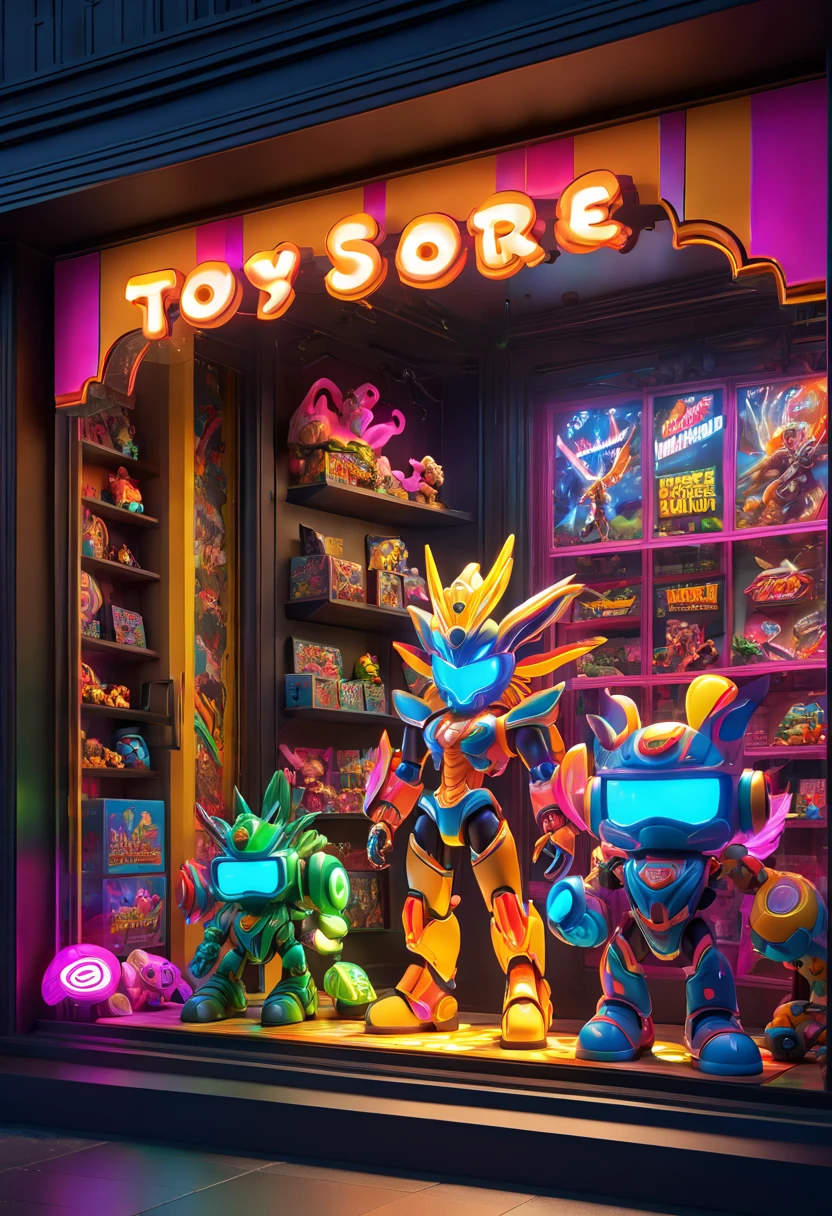 ultra detailed toy, Toy Store Window Display, elaborate ornate video game, colorful luminescence display window, bright neon colors, BREAK high quality render, ultra realistic shadows, photoreal, 8k, photorealistic