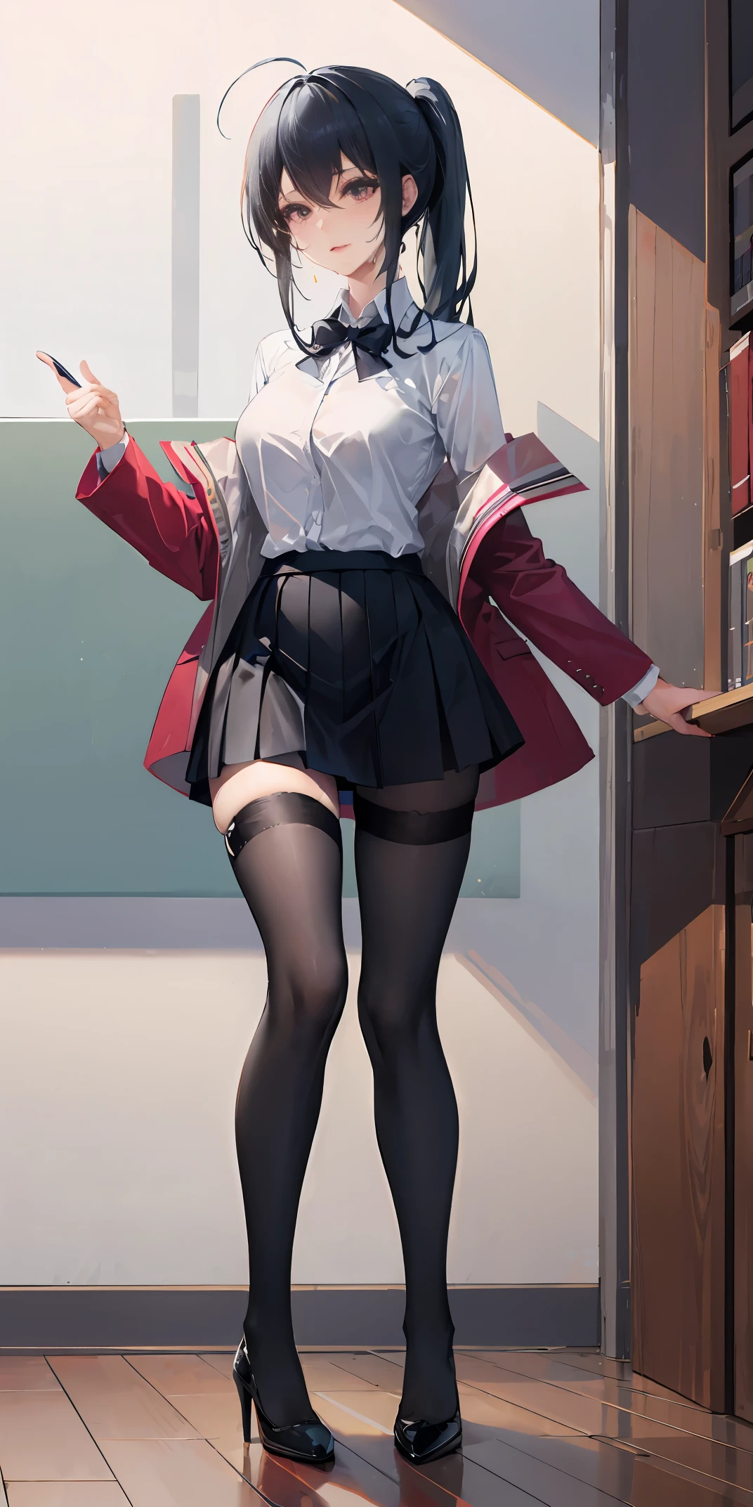 Full body photo of secretary in miniskirt with seams, stand fully, ((独自of)), , in office, High heel, eager, sweating, 高of, , Very thin, 又细又长of腿, of, high ponytail