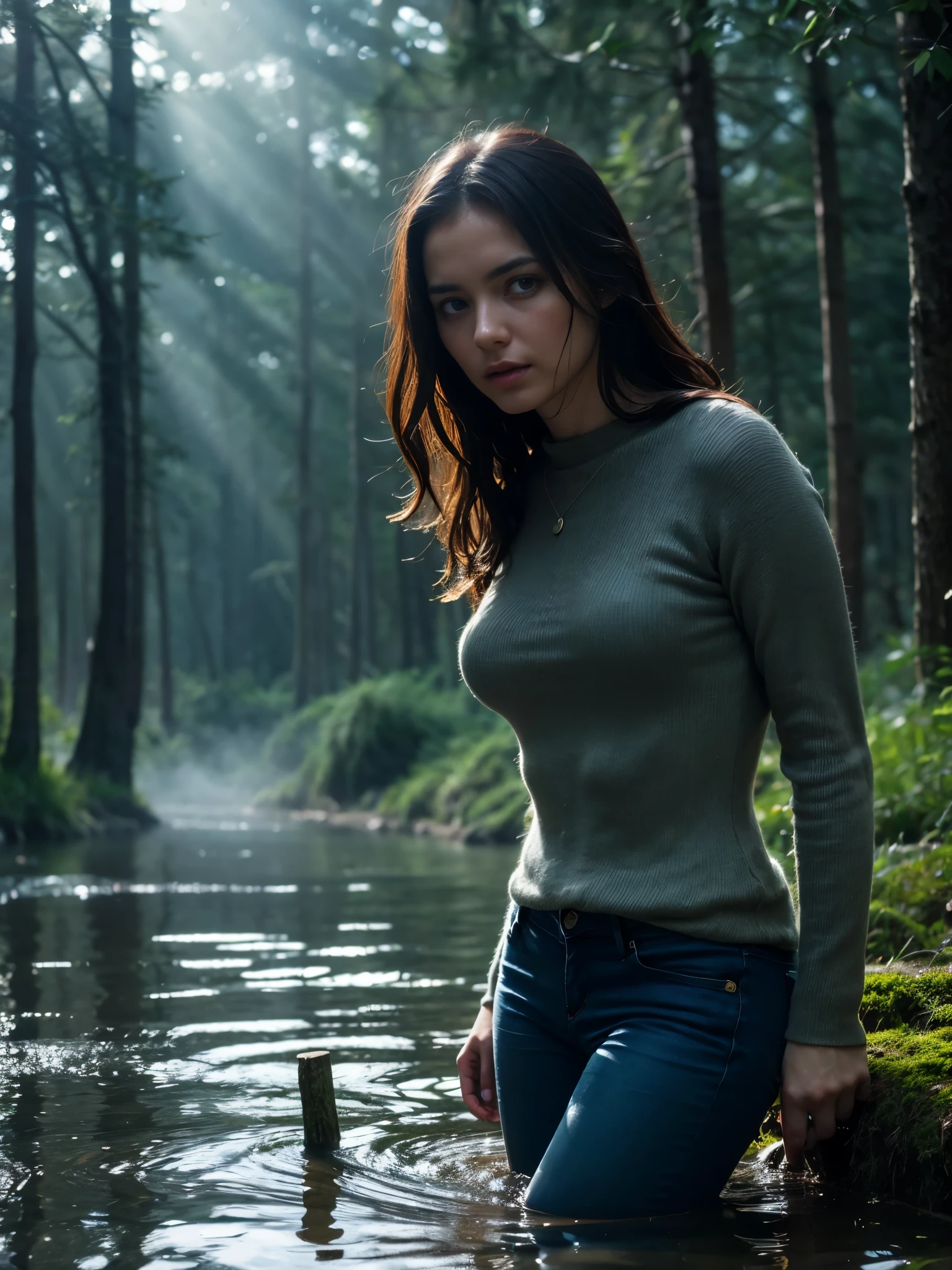 A  hot girl, drown in a swamp in a chest,illustartion, (Best Quality,4k,8K,hight resolution,Masterpiece:1.2),Ultra-detailed,(Realistic,photoRealistic,photo-Realistic:1.37),Horror,dark and gloomy atmosphere with dramatic lighting, Vivid colors, Foggy surroundings, the trees, covered with moss, detailed facial expression, long wavy hair floats in the water, Reflections on the surface of the water, Eerie fog. Jeans