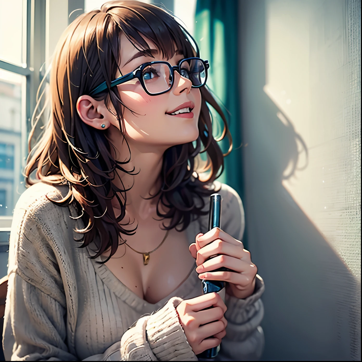 (table top), sexy、Natural light, realistic, camel toe, diffused shine, written boundary depth, professional lighting、Big eyes、eyes are blue、blonde、Russian、big smile、short bob、glitter on the background、close both eyes、green sweater、wears black-rimmed glasses、