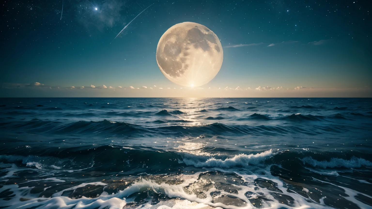 On the rough sea，The sky  full of stars，Hanging a bright moon，A bright moon on the sea, full of fantasy colors