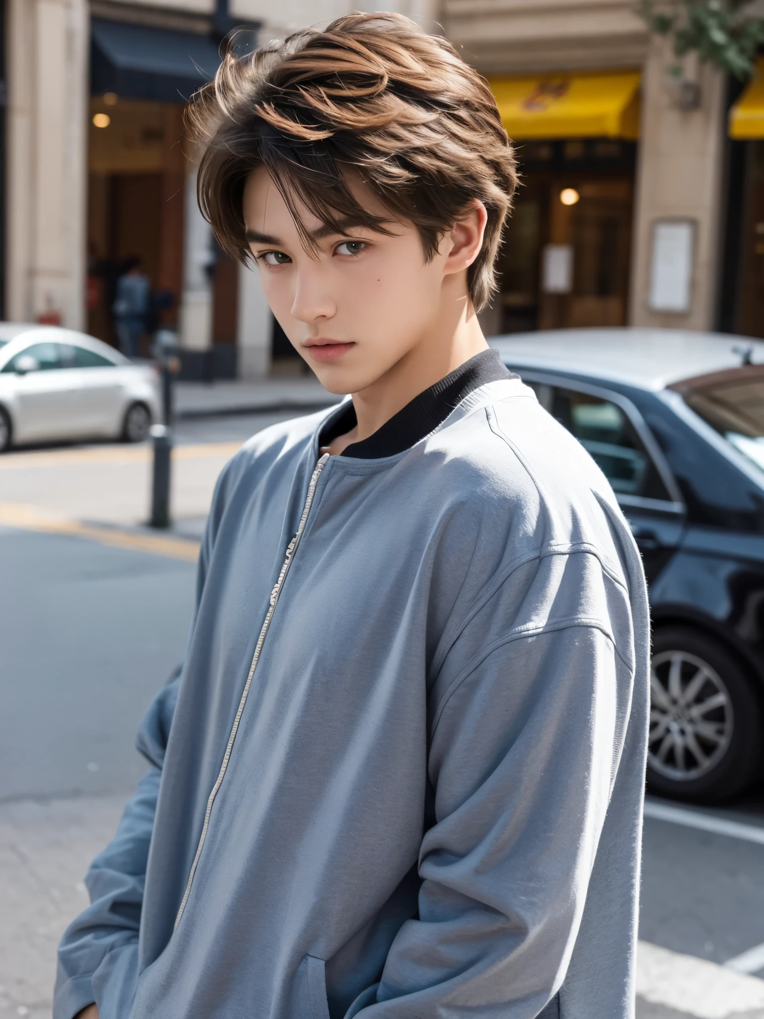 boy, 17 y.o, handsome, semi-caucasian face, comma hair, street