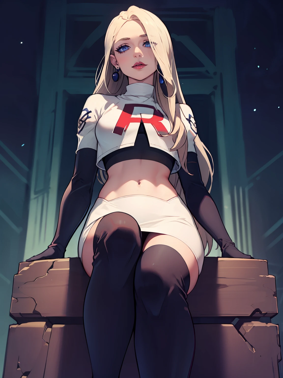 AcademyMercedes, earrings ,lipstick, eye shadow ,team rocket uniform, red letter R, white skirt,white crop top,black thigh-high boots, black elbow gloves, evil villianess look, looking down on viewer, sitting ,crossed legged, night sky background