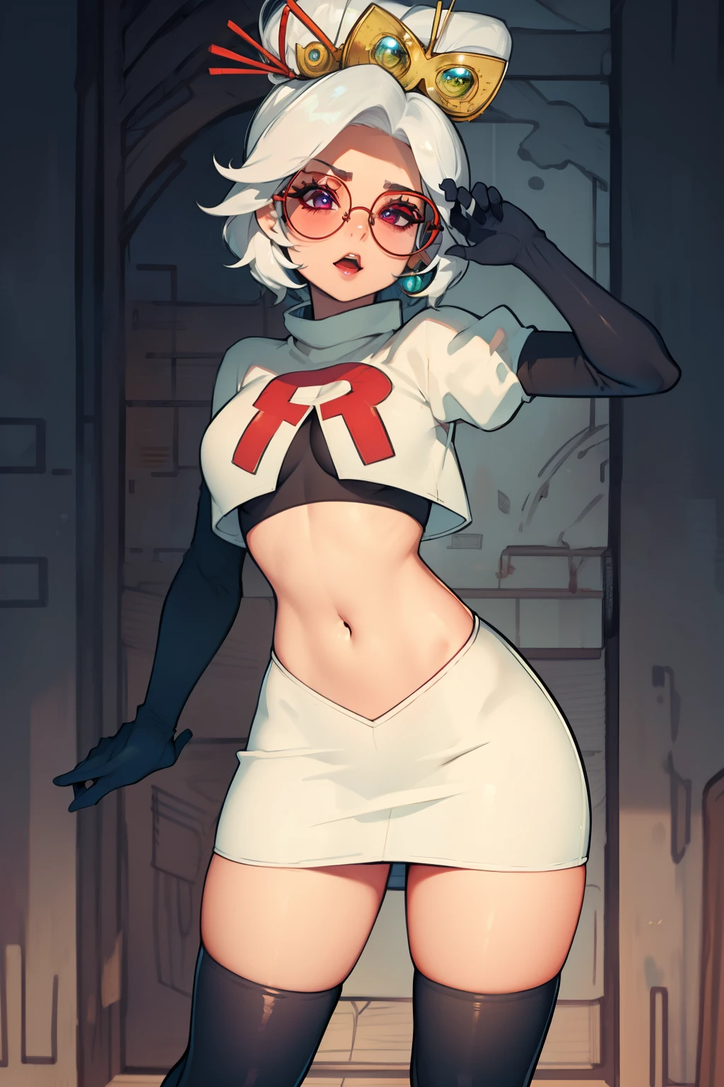 purah, white hair ,aura red glasses, hair ornament, earrings ,lipstick, eye shadow ,team rocket uniform, red letter R, white skirt,white crop top,black thigh-high boots, black elbow gloves, evil villianess look,