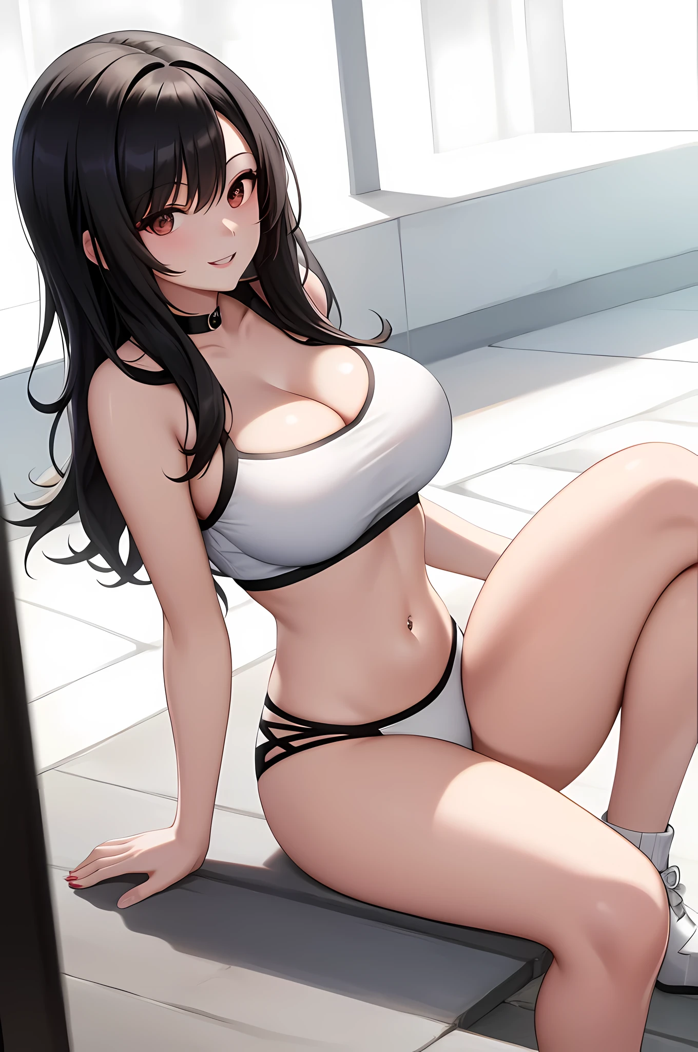 (Best picture quality, Masterpiece:1.2), Absolute resolution, High quality, One Woman, BREAK, (Long black hair mixed with red:1. 1), Brown eyes, Normal size bust, BREAK, One Woman, Bust, Single, Cleavage, Gaze, Huge size bust, Smile, Crop top, Piercing, Parted lips, Middle line Jewelry, lips, navel, white underwear, bare shoulders, sitting, bangs, leaning forward, collarbone, big tits