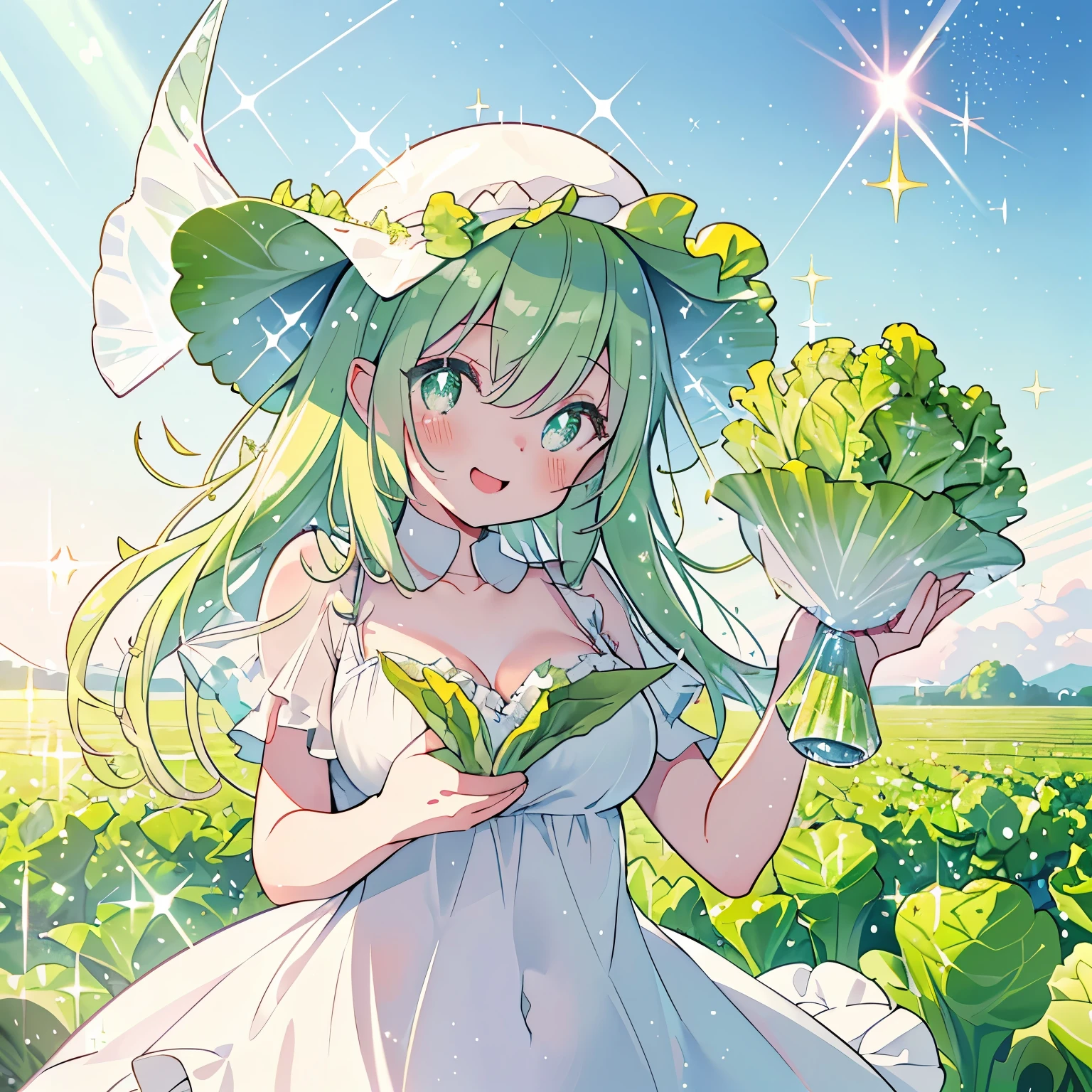 (lettuce field),(lettuce-shaped hat on the head:1.2),(lettuce fairy:1.2),blush,Chibi,cute,girl,happy look,(Clear sky without a single cloud:1.3),(lots of large water droplets:1.1),(protruding breasts:1.3),(NSFW:1.0),(Sparkling eyes:1.5),(dress covered in lettuce:1.3),