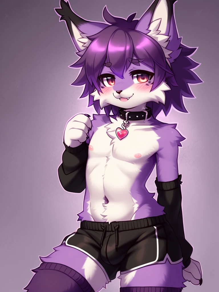 Furry male, (((eyeliner))), eyelashes, (((black eyeshadow))), ((male focus)), lynx, (((purple fur))), (purple hair), furry, cute fangs, cute, medium hair, furry, anime style, fluff, fluffy, thuft, disheveled, realistic fur, detailed, detailed shadows, cheeks fluff, ((fullrender)), <3 eyes, icon portrait, avatar icon, only face, smug face, ((super fluffy)), (upper body), one fang, ((shoulder fluff)), ((shoulder tuft)), ((hairy body)), (((fluffy body))), (((furry body))), thicc thighs, detailed hands, yiffy, teasing face, ((bedroom background)), (((kemono))), ((leg warmers)), ((arm warmers)), upper body, seductive pose, (((solo focus))), ((by jinxit)), claws, blush, :P, ((by kilver)), hair accessories, hair ornaments, collar, standing, sports shorts, bulge, navel, covered nipples, mesh clothing,