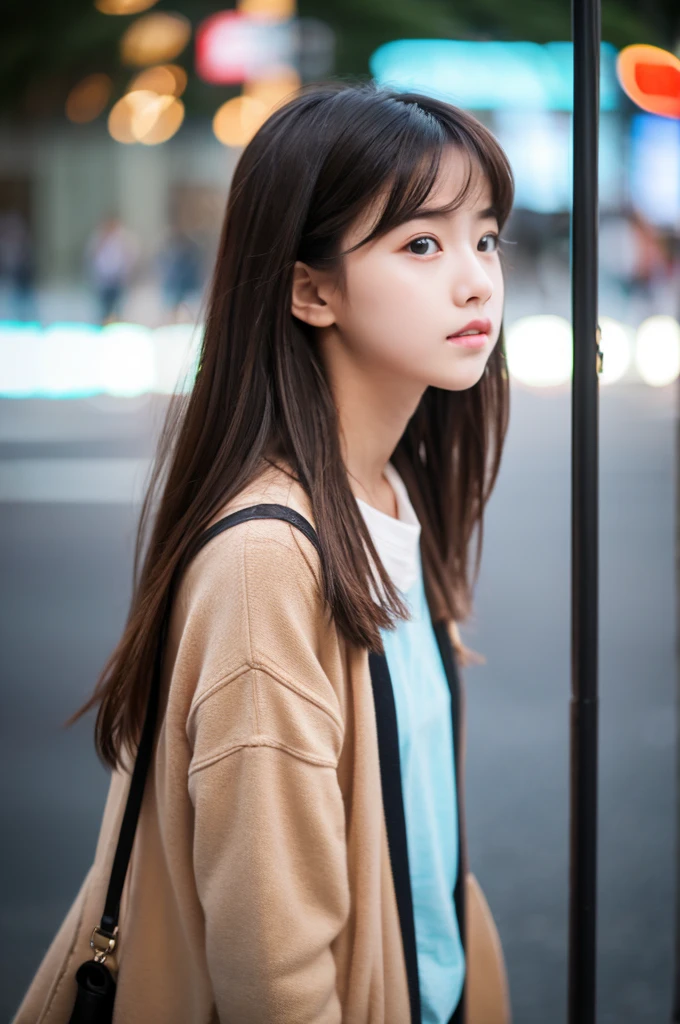 Young woman standing on the street, blur background, beautiful, realistic