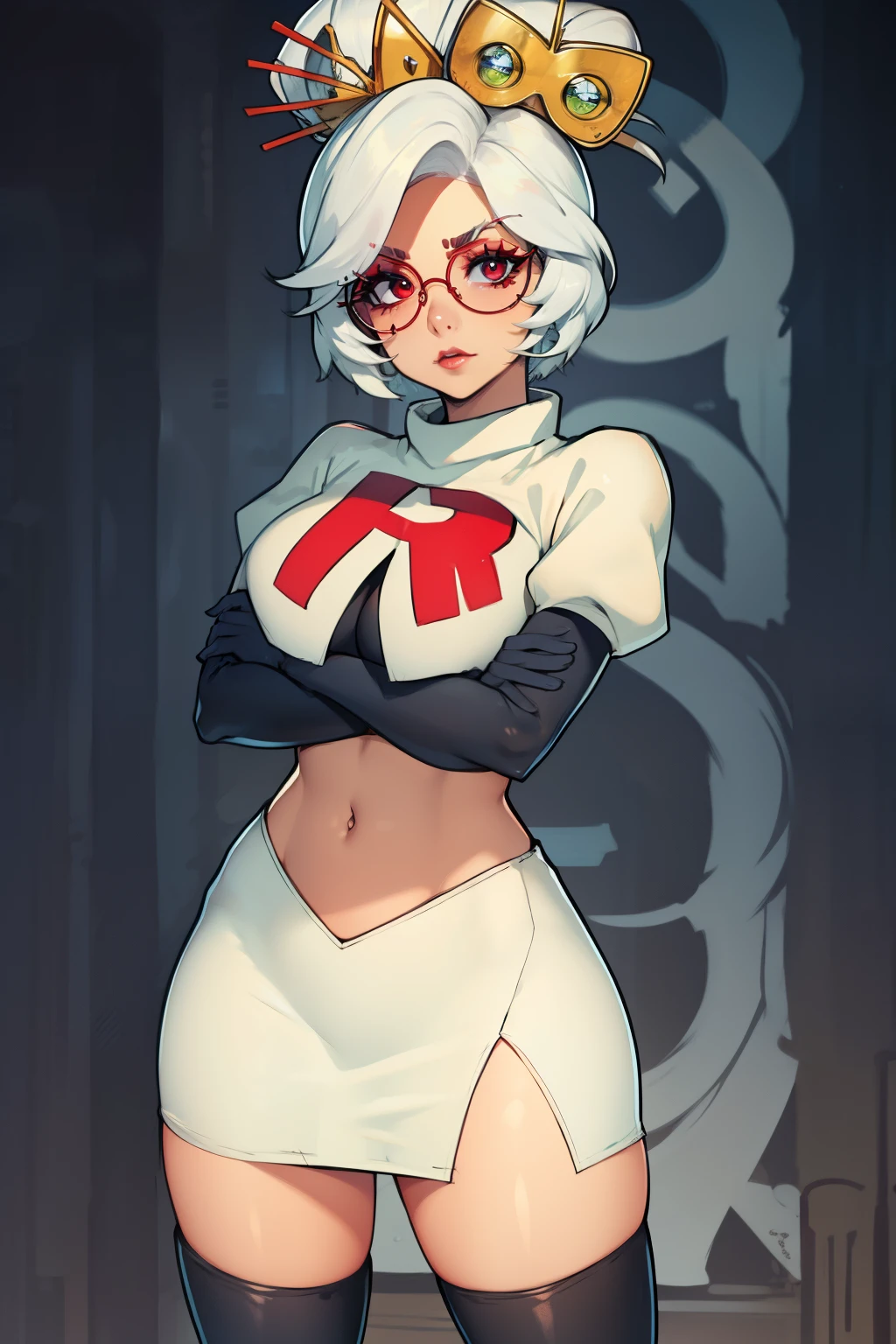 purah, white hair ,aura red glasses, hair ornament, earrings ,lipstick, eye shadow ,team rocket uniform, red letter R, white skirt,white crop top,black thigh-high boots, black elbow gloves, evil villianess look, arms crossed 