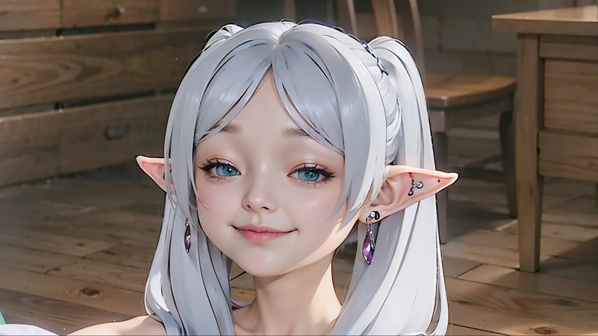 (narrow eyes：1.2、Smirk:1.2),25 years old、adult woman：1.1、green eyes：1.2、purple bottle、white clothes、silver eyebrows：1.3、high elf：1.2、elf ears、beautiful ears、silver hair：1.2、short eyebrows、twin tails、red earrings：1.2、detailed hair、movie writing、(best quality, 8K, 32K, muste piece, ticker:1.2)