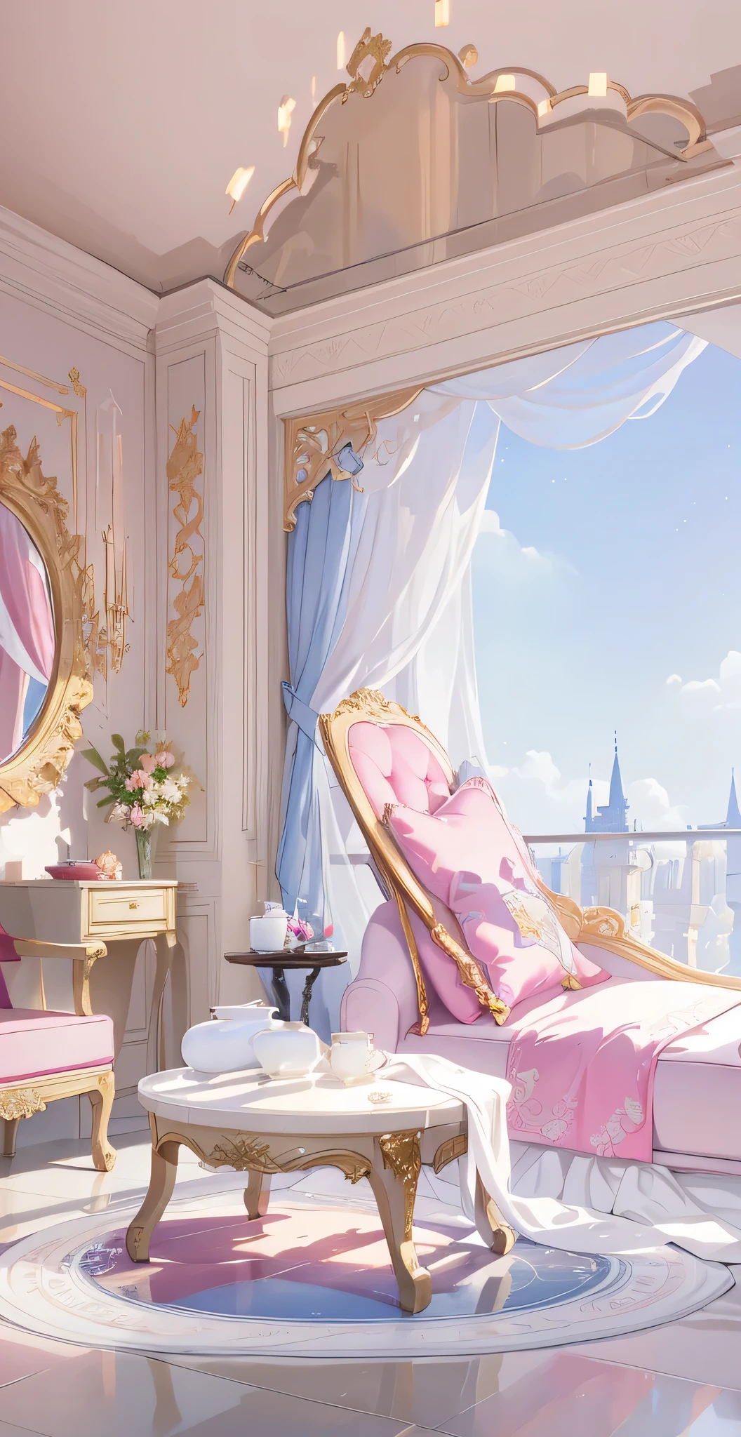At night, the moon, many stars，the princess room has a beautiful double bed, two white pillows, a white blanket, a landscape painting by the bed, pink curtains,，The walls are  pink and light blue，filled with a lovely atmosphere of a princess, dreamy,The room is lit up，

Rich in details, high-quality, 4K, 
abstract,  shattered glass pieces,past to future, complicated environment, distortion,