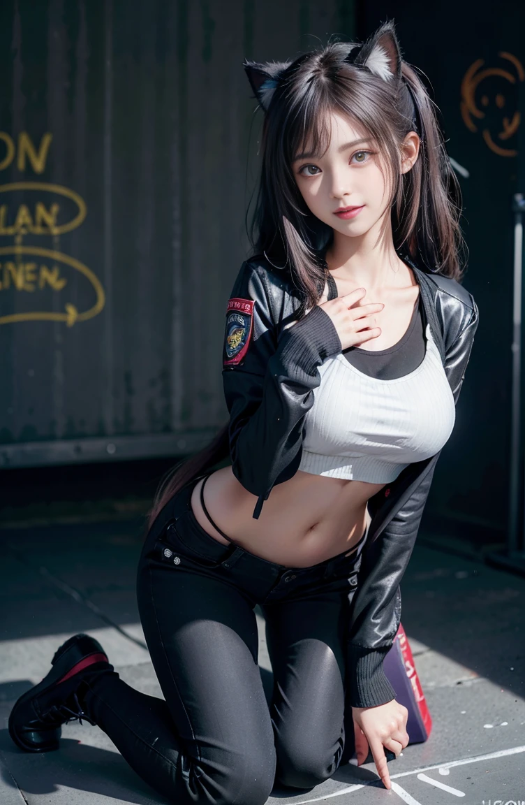 Cute -yeld caata cat girl, small, Delicate Beautiful Attractive Face, open your mouth, smile, (Big Heavy Breasts), Layered Long Twin Tail Hair, Cat ear, Oversized Cyberpunk Tech Jacket, Mini Underboob Tee, open the navel, slim waist, leather pants, In The Graffiti Alley, Holding Spray Paint Can, ((kneeling pose)) original character, volume lighting, best shadows, shallow depth of field, (highest quality, amazing details:1.25), (alone:1.3), Bright colorful graffiti