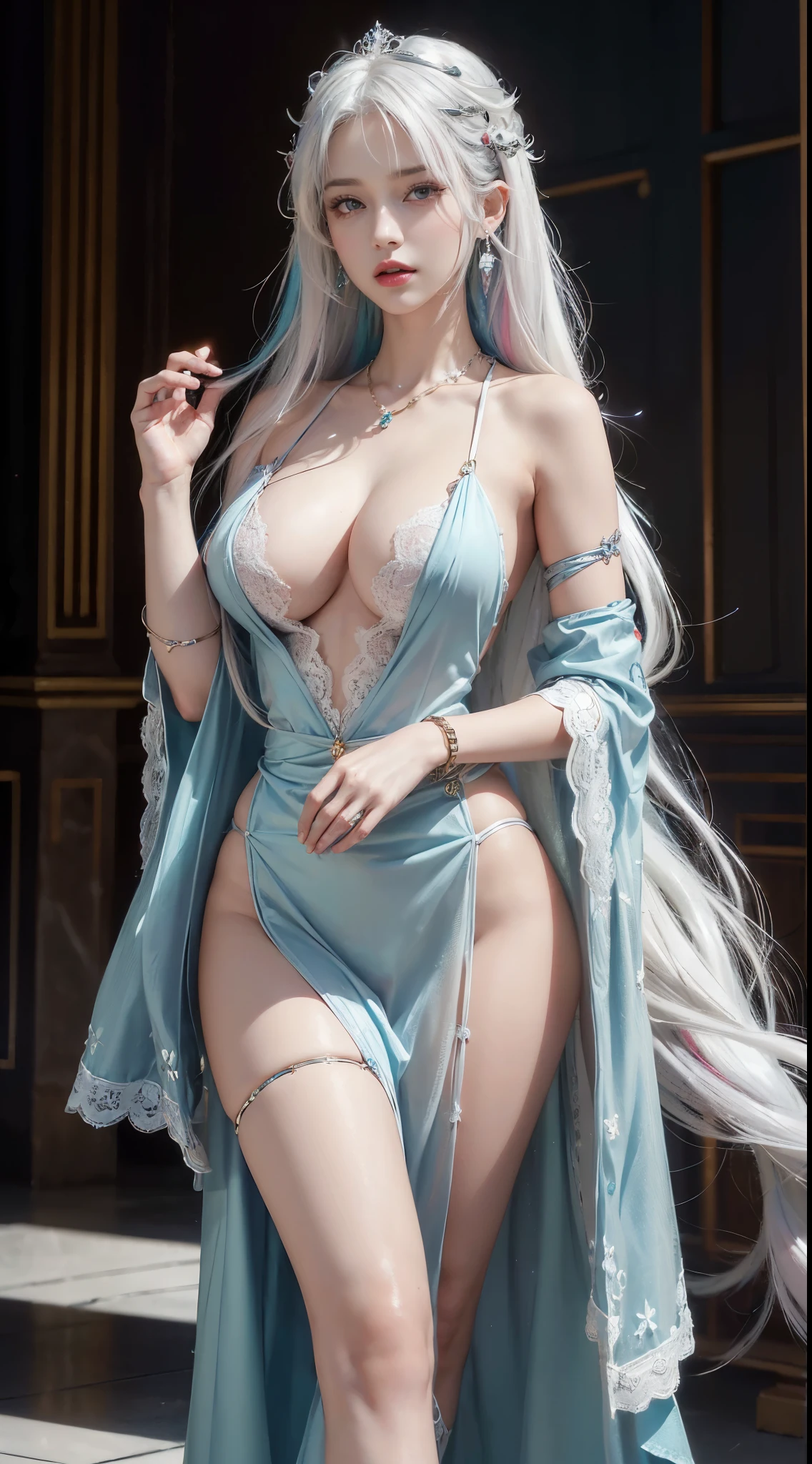(((multicolored hair, [White hair]))), ultra realistic 8k cg, Picture-perfect face, Flawless, Clean, Masterpiece, Professional artwork, Famous artwork, Cinematic lighting, Cinematic bloom, Perfect face,(Young:1.2),((20yr old)), Beautiful face, Beautiful eyes, (((Perfect female body, Narrow waist))), Young princess, royal, Divine, Goddess, divino, (Royal Palace), fantasy, Dreamlike, unreal, Science fiction, (Normal breasts:1.2), Beautiful clothes, Lace, Lace trim, lace-trimmed legwear, NSFW,, Absurdly long hair, Very long hair, (Rich:1.4), necklace, Earrings, Bracelet, armlets, view the viewer,(thongs:1), (Hands have up to five fingers), (Redlip)