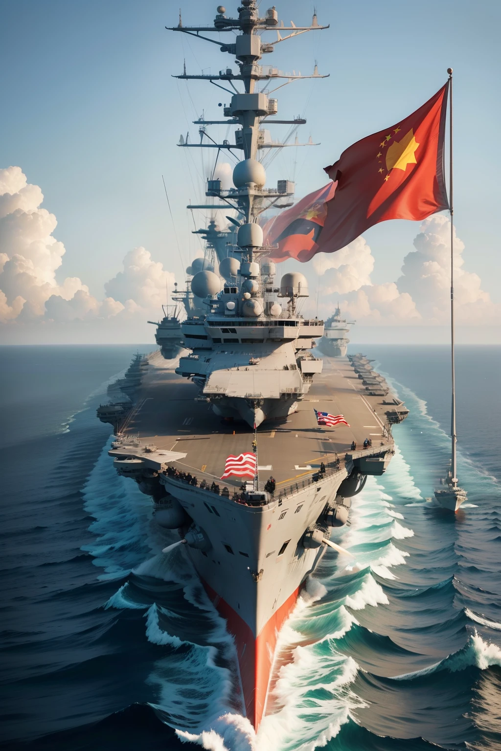 An image of an aircraft carrier strike group advancing with the Chinese flag in the background