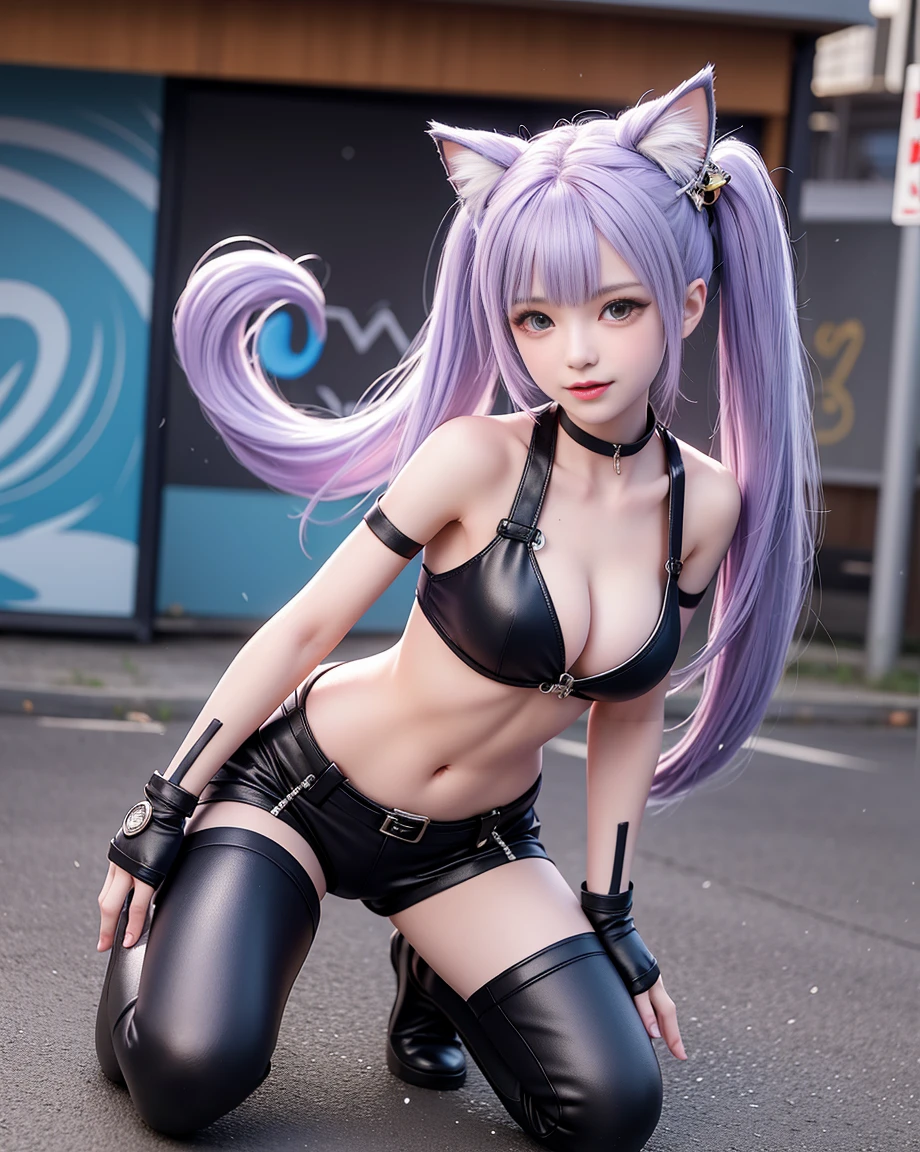 Cute -yeld caata cat girl, small, Delicate Beautiful Attractive Face, open your mouth, smile, (Big Heavy Breasts), Layered Long Twin Tail Hair, Cat ear, Oversized Cyberpunk Tech Jacket, Mini Underboob Tee, open the navel, slim waist, leather pants, In The Graffiti Alley, Holding Spray Paint Can, ((kneeling pose)) original character, volume lighting, best shadows, shallow depth of field, (highest quality, amazing details:1.25), (alone:1.3), Bright colorful graffiti