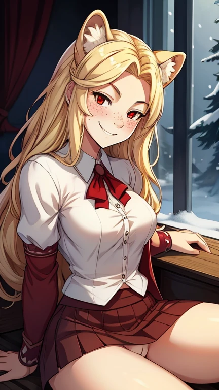 White woman vampire sitting impatiently, fit 6 pack , blond very long super thick wild hair , smiling , blushing , small snow leopard ears , red eyes , suductive smile , freckles, sexy pose , wearing a short skirt with pussy out