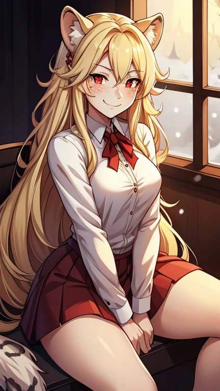 White woman vampire sitting impatiently, fit 6 pack , blond very long super thick wild hair , smiling , blushing , small snow leopard ears , red eyes , suductive smile , freckles, sexy pose , wearing a short skirt with pussy out