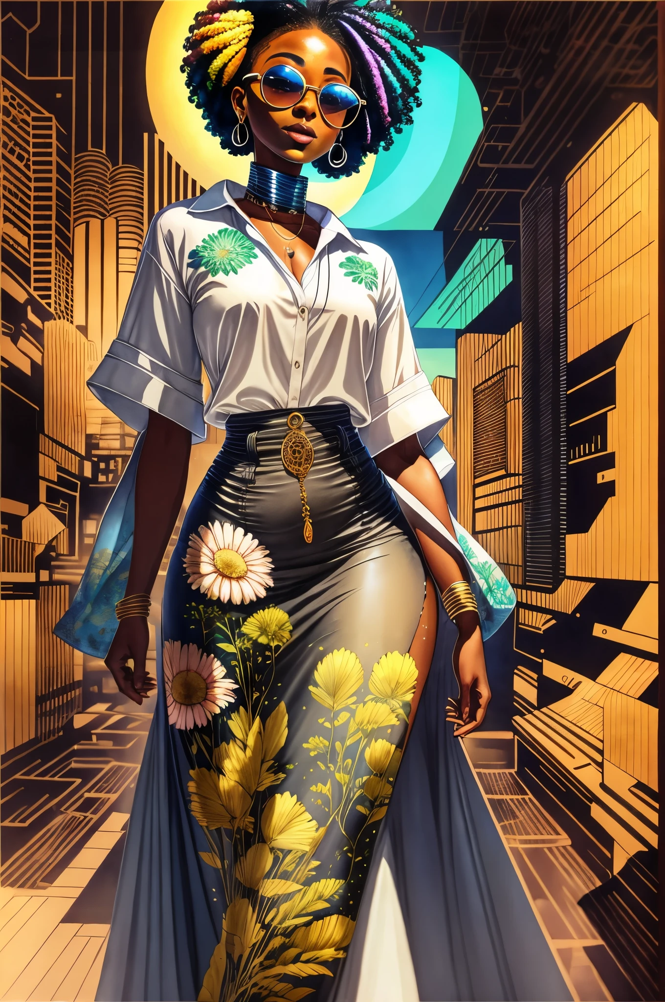 "Full body, water colors, ink drawing, beautiful cyberpunk Sudanese woman, wearing smart digital sunglasses, clean defined delicate features, stylish bohemian top and long skirt, colorful floral background, in the style of Afrofuturism