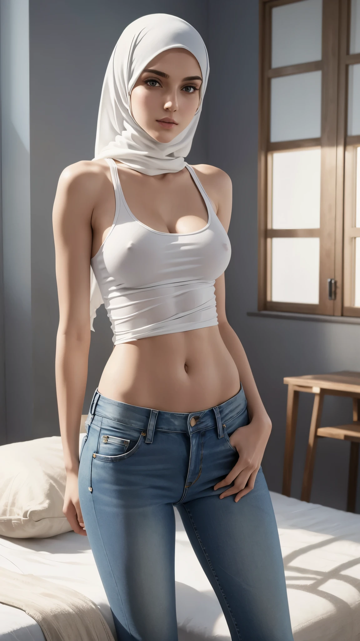 super realistic of beautiful white muslim girl about 180cm tall, tight tank top, tight blue jeans, no bra, small breast, can see her nipple, full body image, posing for a modelling photoshoot in a room full of naked white women
