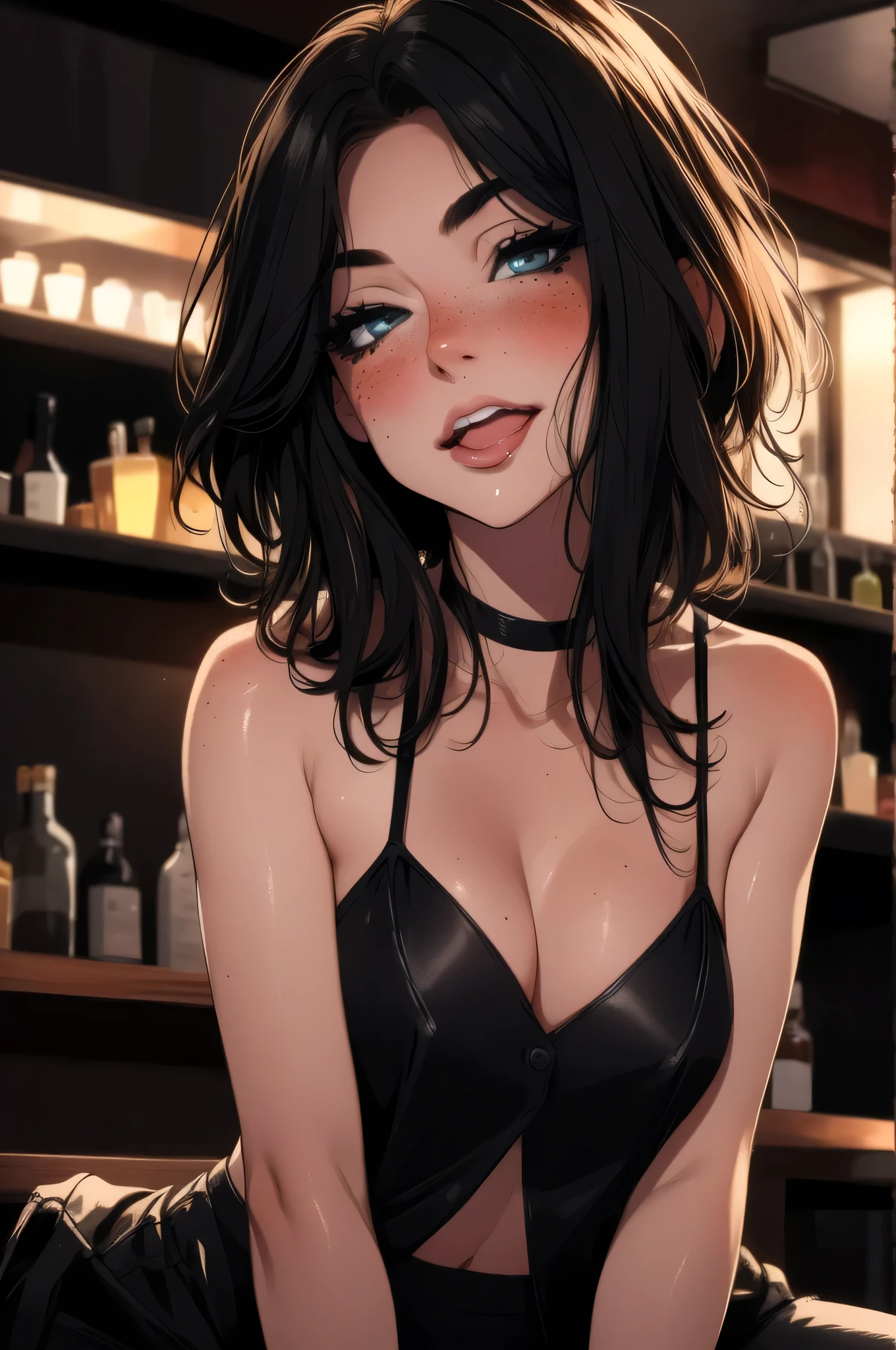 girl at a nightclub sitting at bar, eyeliner (masterpiece) (best quality) (detailed) (8k) (HDR) (wallpaper) (cinematic lighting) (sharp focus) (intricate) freckles, biting lip, short hair, slutty outfit, sexy, blush, aroused, cleavage, shiny boobs, wet skin, girl simulating fellatio