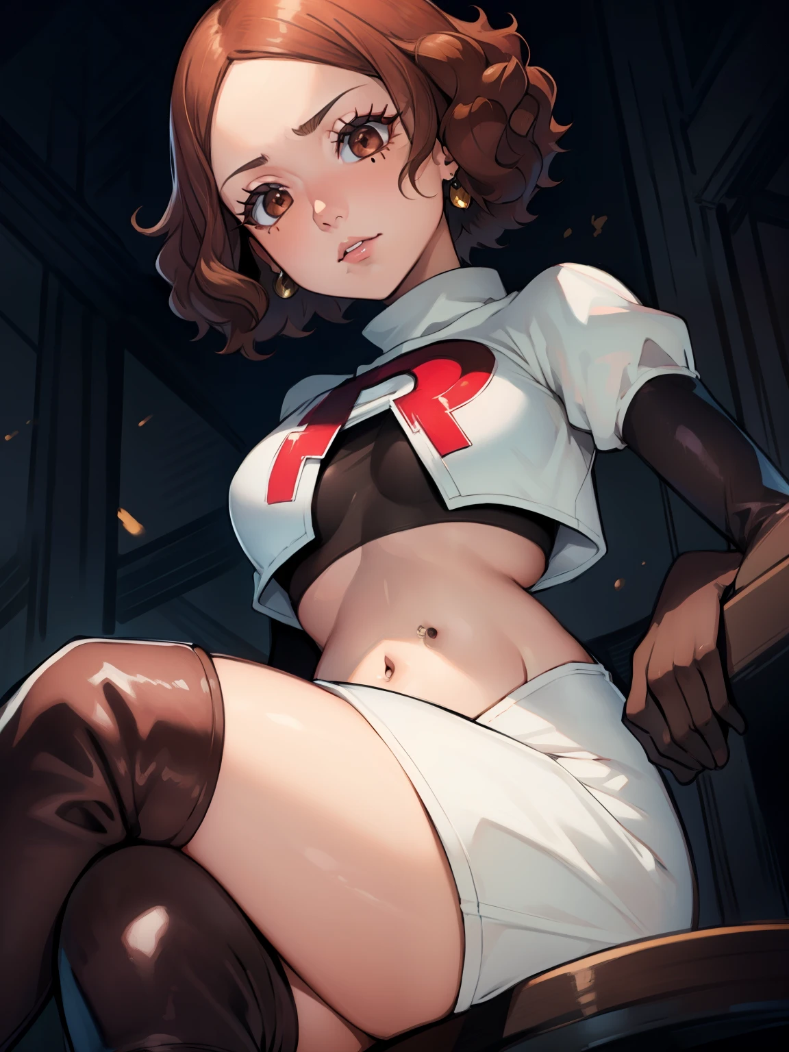 haru okumura, (brown eyes:1.5), brown hair, short hair, earrings ,lipstick, eye shadow ,team rocket uniform, red letter R, white skirt,white crop top,black thigh-high boots, black elbow gloves, evil villianess look, looking down on viewer, sitting ,crossed legged, night sky background