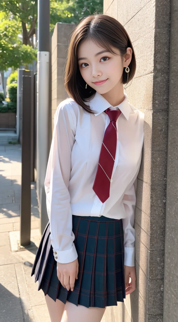 (((masterpiece, high quality, 最high quality, beautiful, High resolution, Perfect lighting, Detailed face, Detailed body, In detail、A body with the correct skeleton))), Large parks、Natural light、Japanese women、short hair、細部へのbeautiful配慮, cute、smile、White shirt、Cleavage:1.5、Above the knee length skirt、(Wear a checked flared skirt)、(Hold up your skirt with both hands:1.5)、(Show me your sexy snow-white panties)、Embarrassed face、Front Angle、Above the knee shot、Looking into the camera