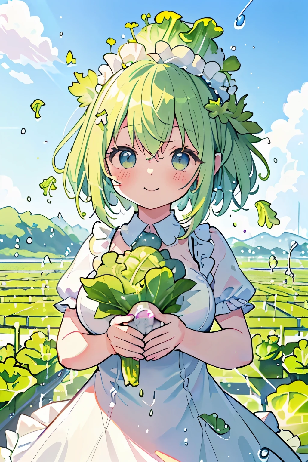 (lettuce field),(lettuce-shaped hat on the head:1.2),(lettuce fairy:1.2),blush,Chibi,cute,girl,happy look,(Clear sky without a single cloud:1.3),(lots of large water droplets:1.3),(protruding breasts:1.3),(NSFW:1.0),(dress with lots of lettuce:1.3),(Lettuce grows out of its head like an antenna:1.5),