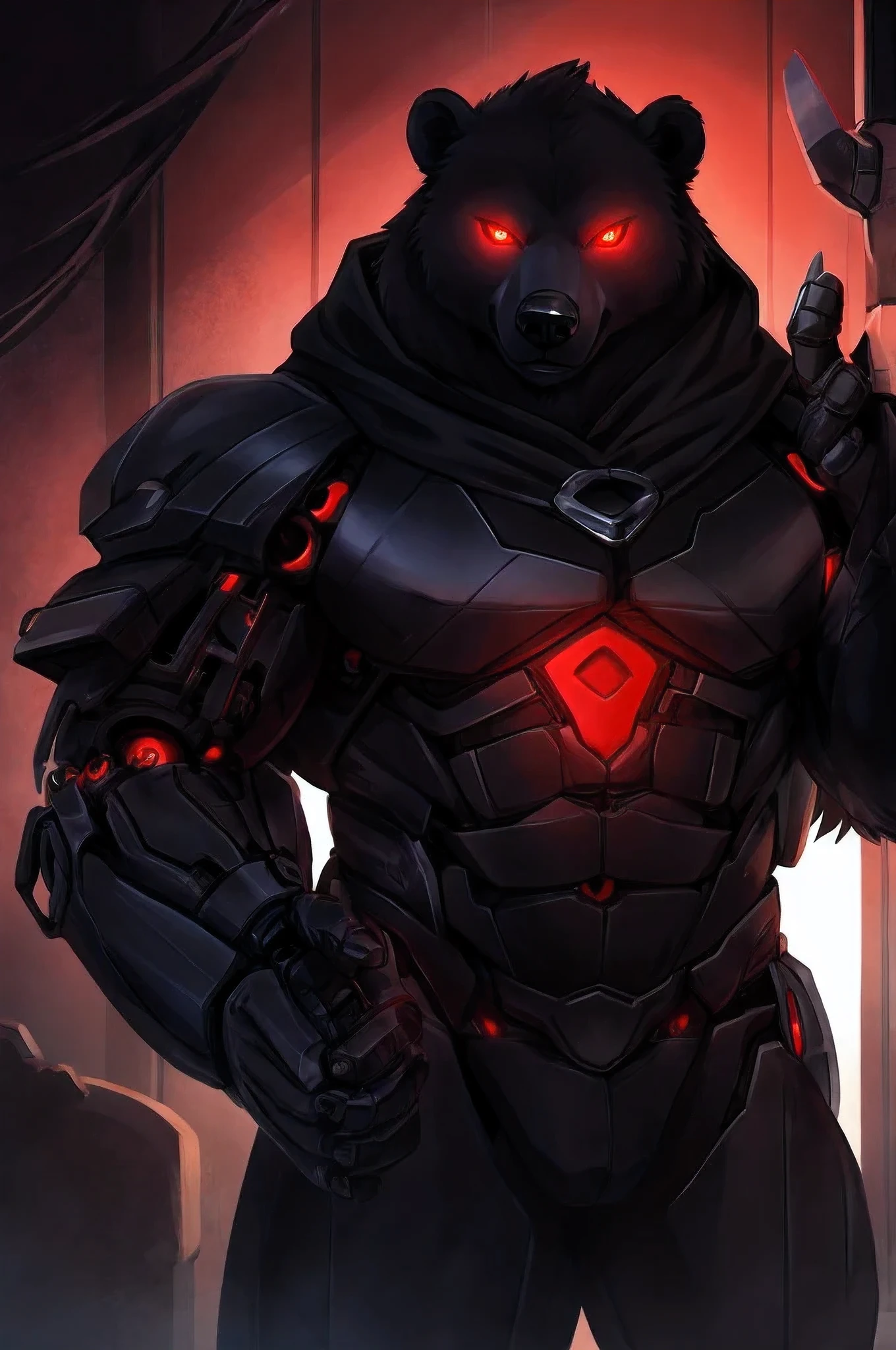 (character) Anthro cyborg black bear with mostly mechanical body (excluding head) and red glowing eyes, bulky build, wearing black silky cape with red accents, holding out hand with open palm, looking at viewer.