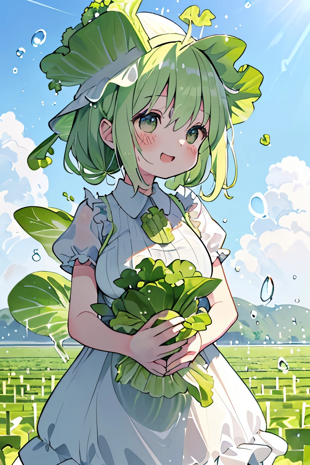 (lettuce field),(lettuce-shaped hat on the head:1.2),(lettuce fairy:1.2),blush,Chibi,cute,girl,happy look,(Clear sky without a single cloud:1.3),(lots of large water droplets:1.3),(protruding breasts:1.3),(NSFW:1.0),(dress with lots of lettuce:1.3),(Lettuce grows out of its head like an antenna:1.5),