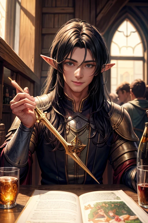 Hyper detailed gouache painting of a handsome elf, male, drinking in a crowded medieval tavern, playful smile on his face, [hyper realistic], handsome, 1 boy, chiseled features), (dark magic: 1.2), mature, warm illumination, knight costume, natural glossy skin, looking at viewer, long hair, (volumetric lighting), atmospheric perspective, dust particles, light axis, (e_foxy:0.7), m_wlop, (e_landscape:0.7)