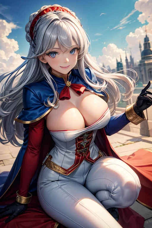 ,colorful,(masterpiece:1,2), best quality, masterpiece, highres, original, extremely detailed wallpaper, 1girl ,smile,solo, grey hair, blue eyes, original_outfits,red cape,white pants, gloves, breasts, uniform, large breasts